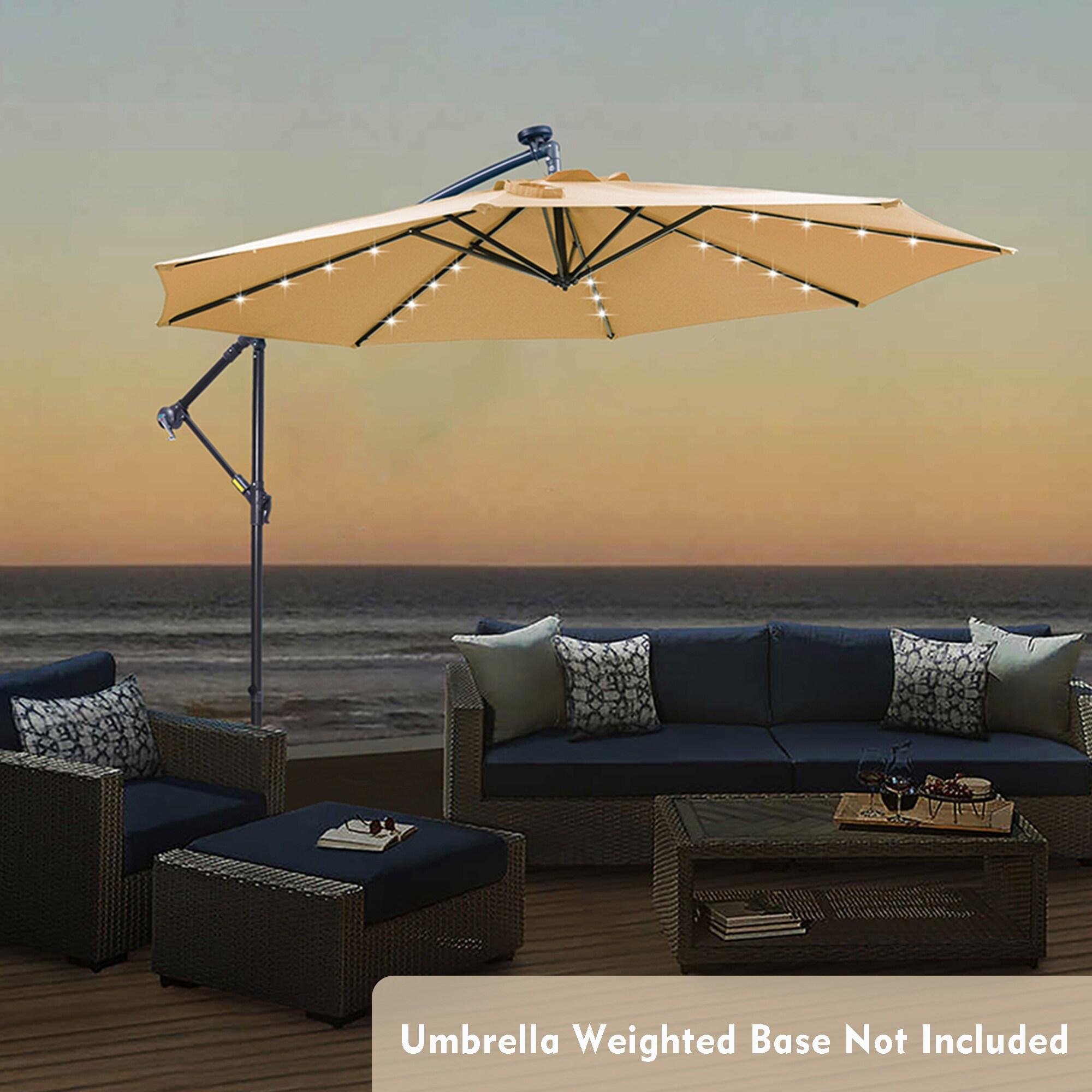 10 FT Solar LED Patio Umbrella with Hanging Cantilever Design, 32 Lights, Adjustable Tilt, Waterproof and UV Protection for Outdoor Garden, Deck, and Patio