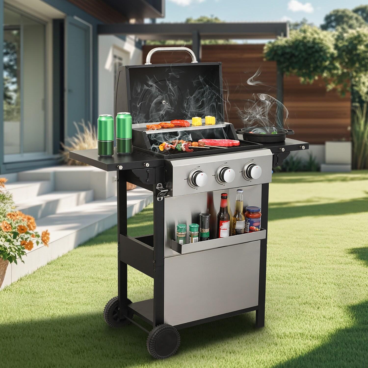 3-Burner Propane Gas Grill, 25,650 BTU Stainless BBQ For Patio Garden |Outdoor Grill with Two Side Shelves, Wheels and Bottle Opener