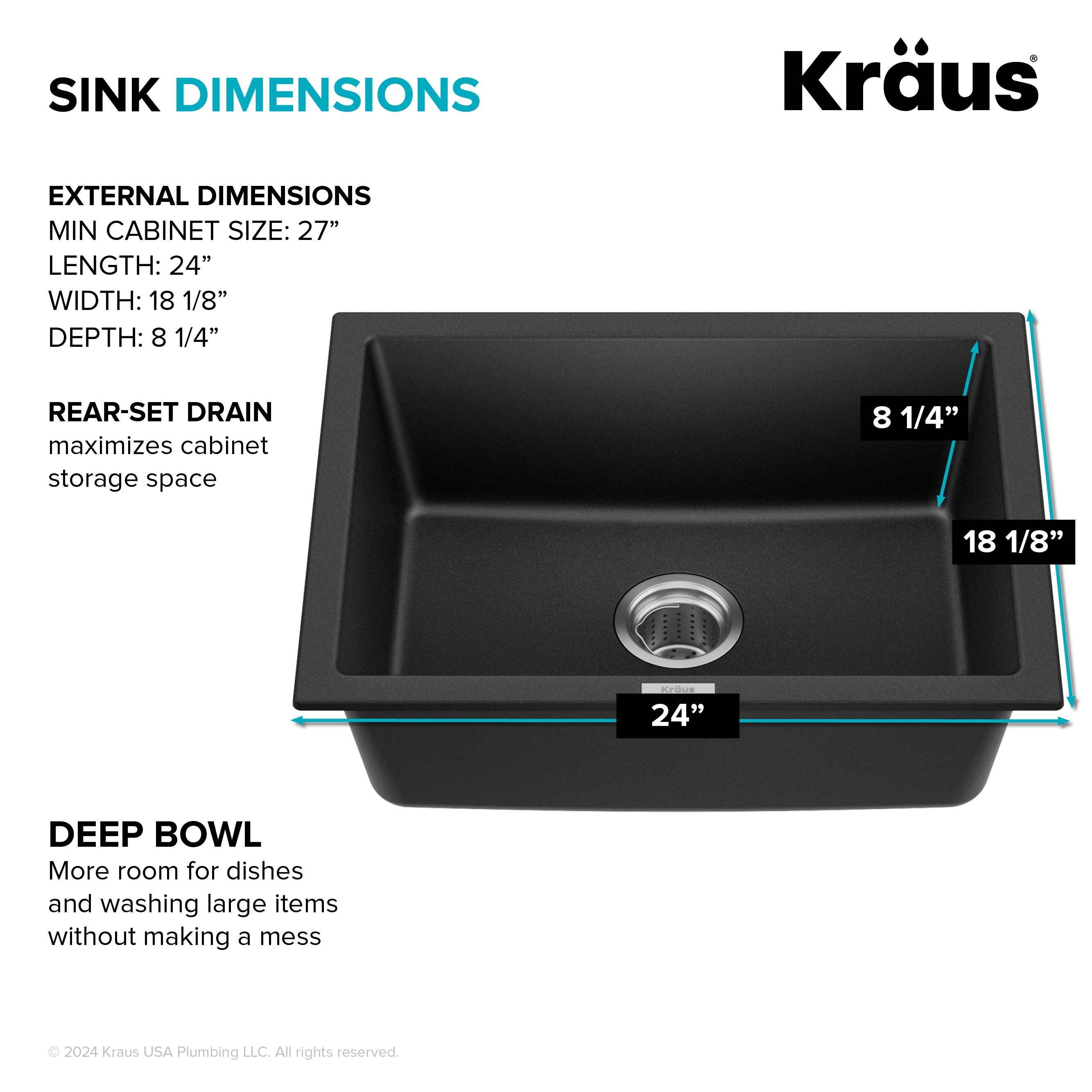 KRAUS 24 inch L Dual Mount Single Bowl Granite Kitchen Sink w/ Topmount and Undermount Installation in Black Onyx