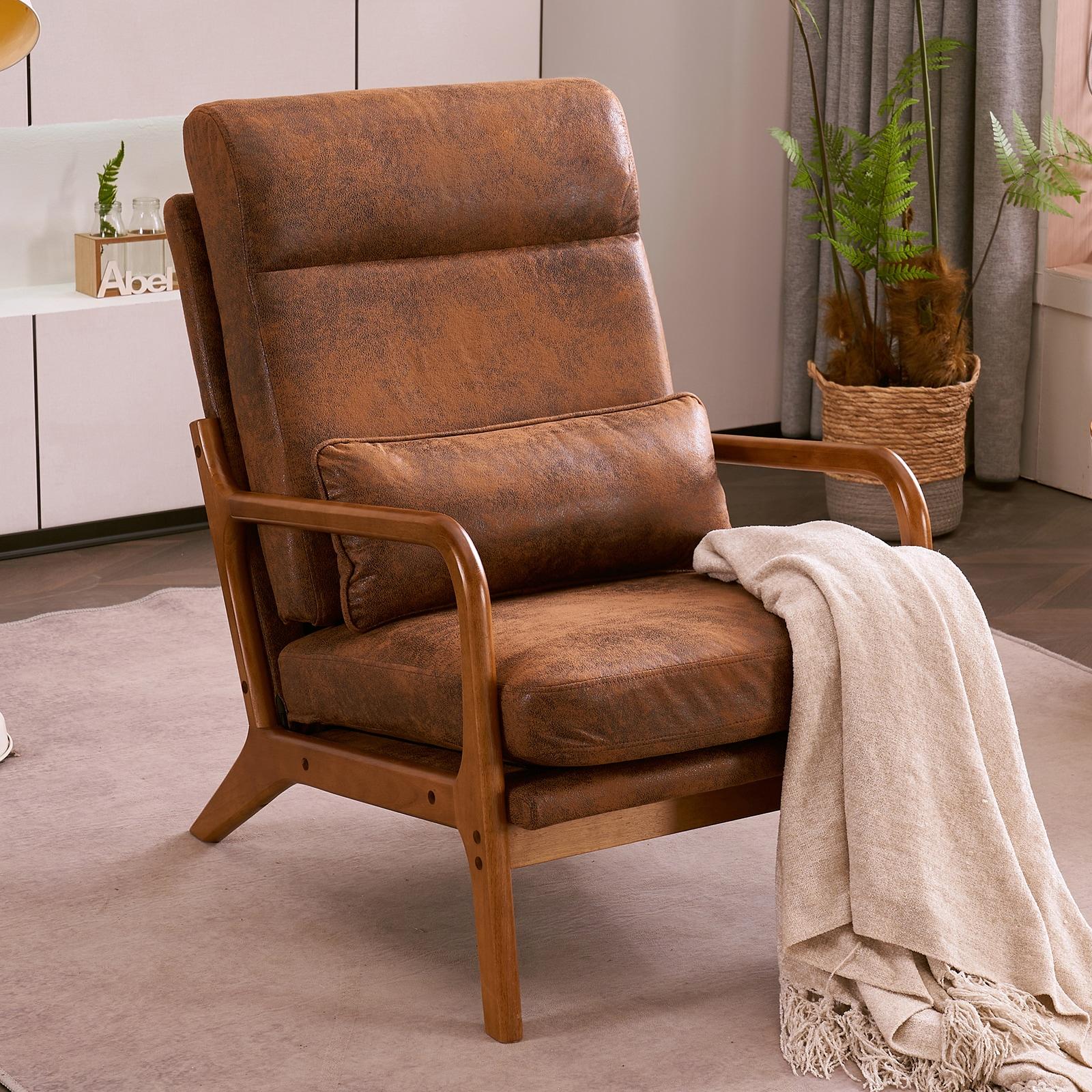 Mid-Century Modern High Back Brown Wood Accent Chair