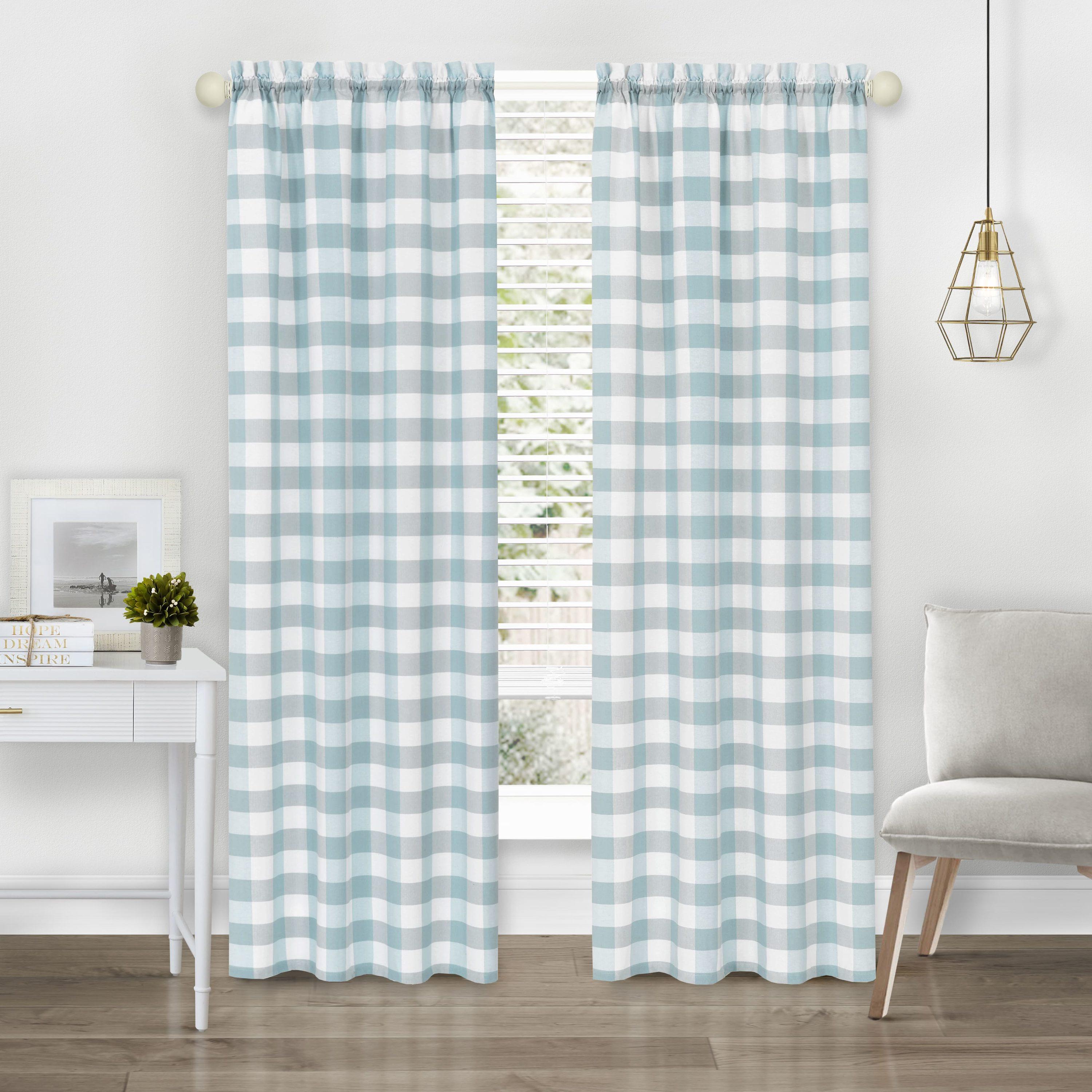 Achim Hunter Indoor Polyester/Cotton Light Filtering Checkered Curtain Panel, Ice Blue, 42-in W x 84-in L