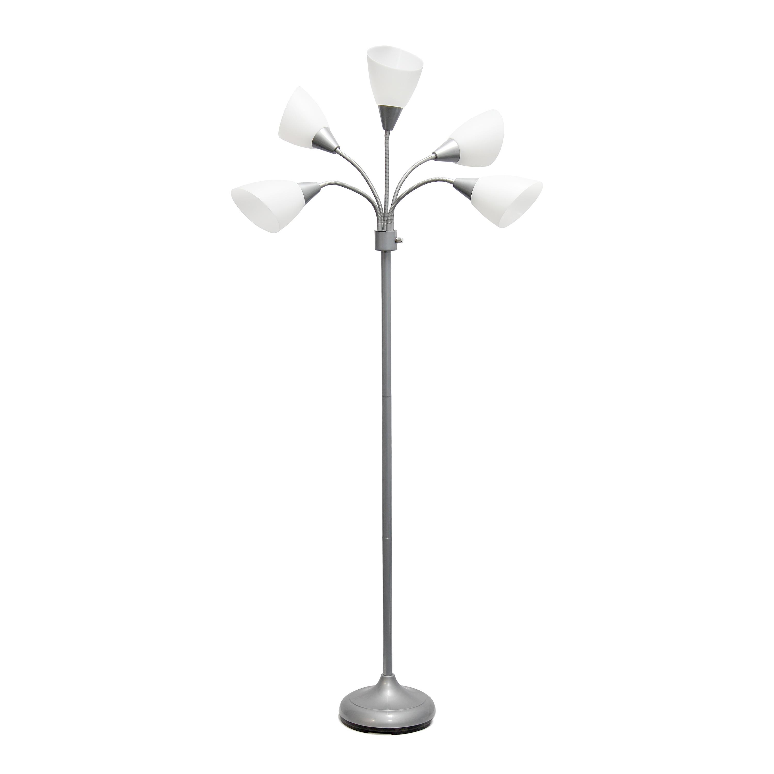 Simple Designs 67" Medusa 5-Light Adjustable Gooseneck Floor Lamp, Silver with White Shades