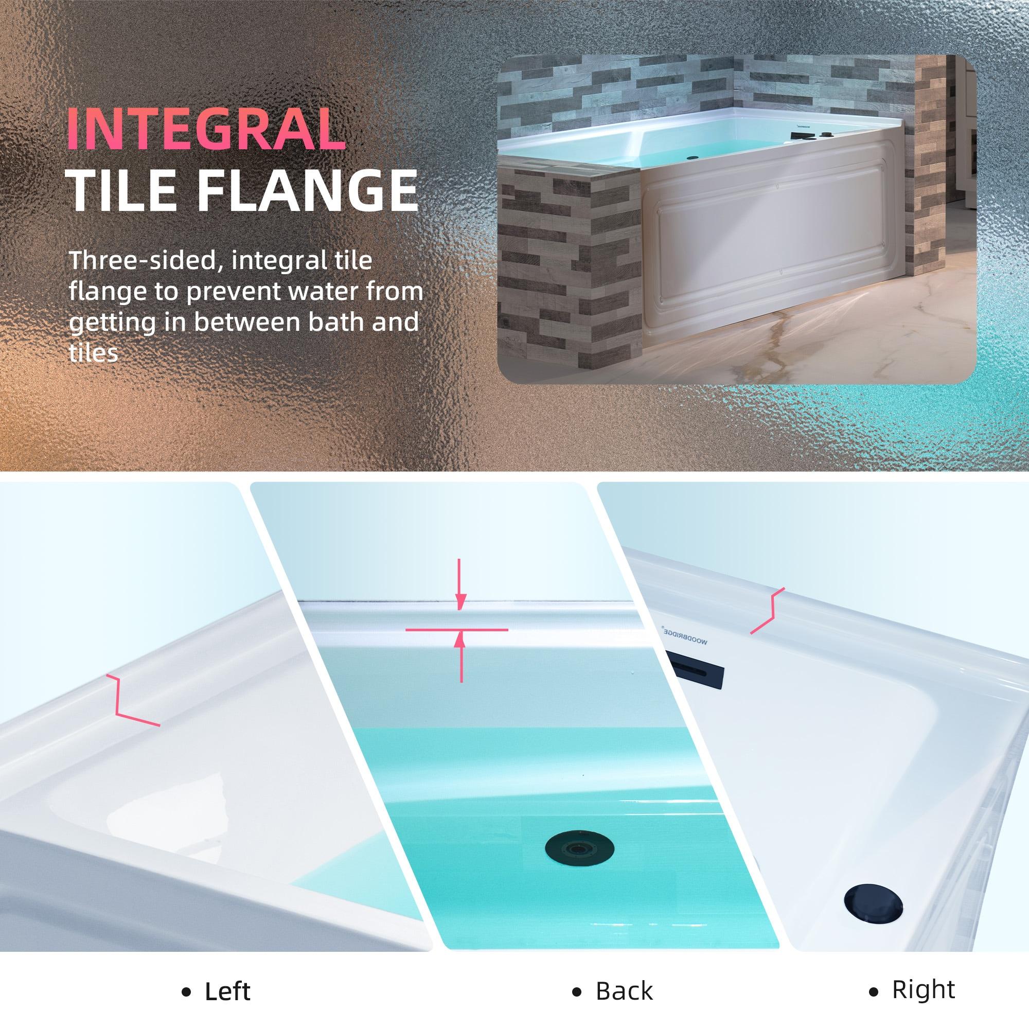 60" x 30" Whirlpool Heated Rectangular Alcove Acrylic Bathtub with Chrome/Matte Black Drain and Overflow