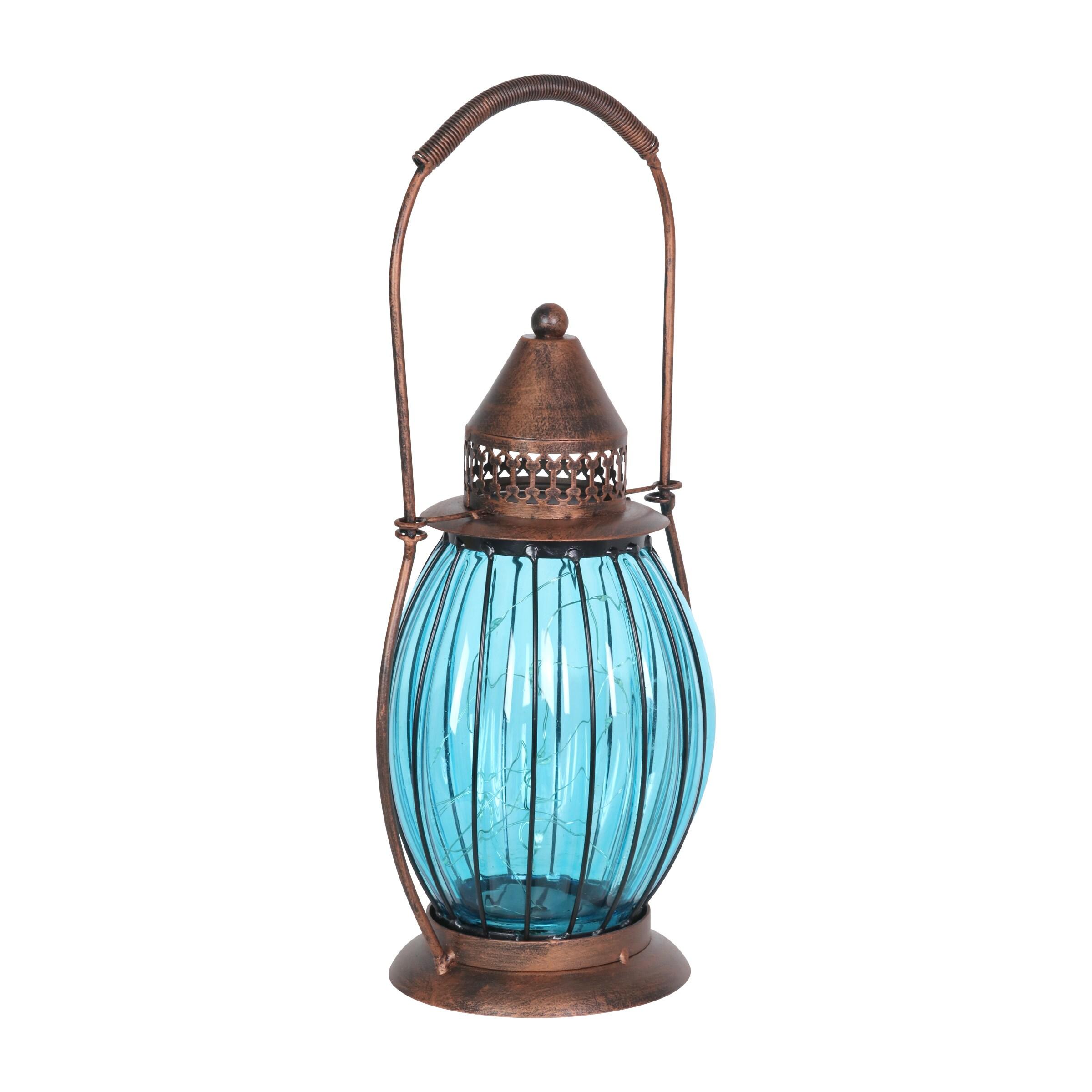 Exhart Exhart Solar Antique Metal and Glass Accent Lantern with Fifteen LED Fairy Firefly String Lights, 7 by 14"