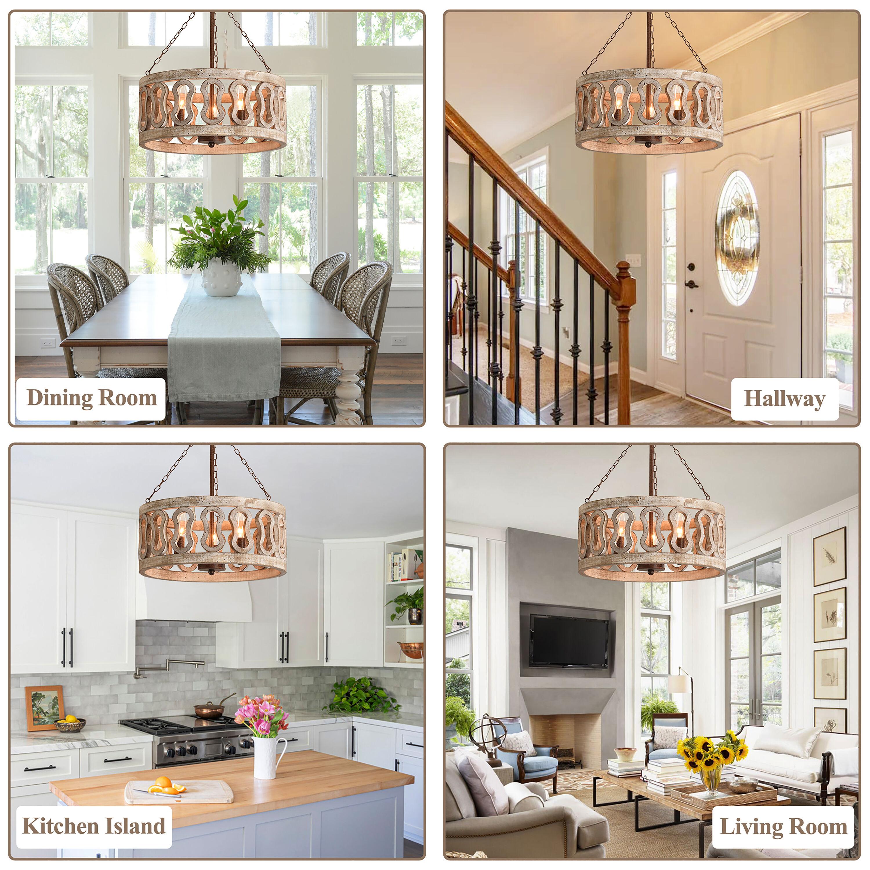 Cusp Barn  3-Light Farmhouse Candle Chandelier Rustic Drum Ceiling Pendant Light for Living Room Weathered Woood