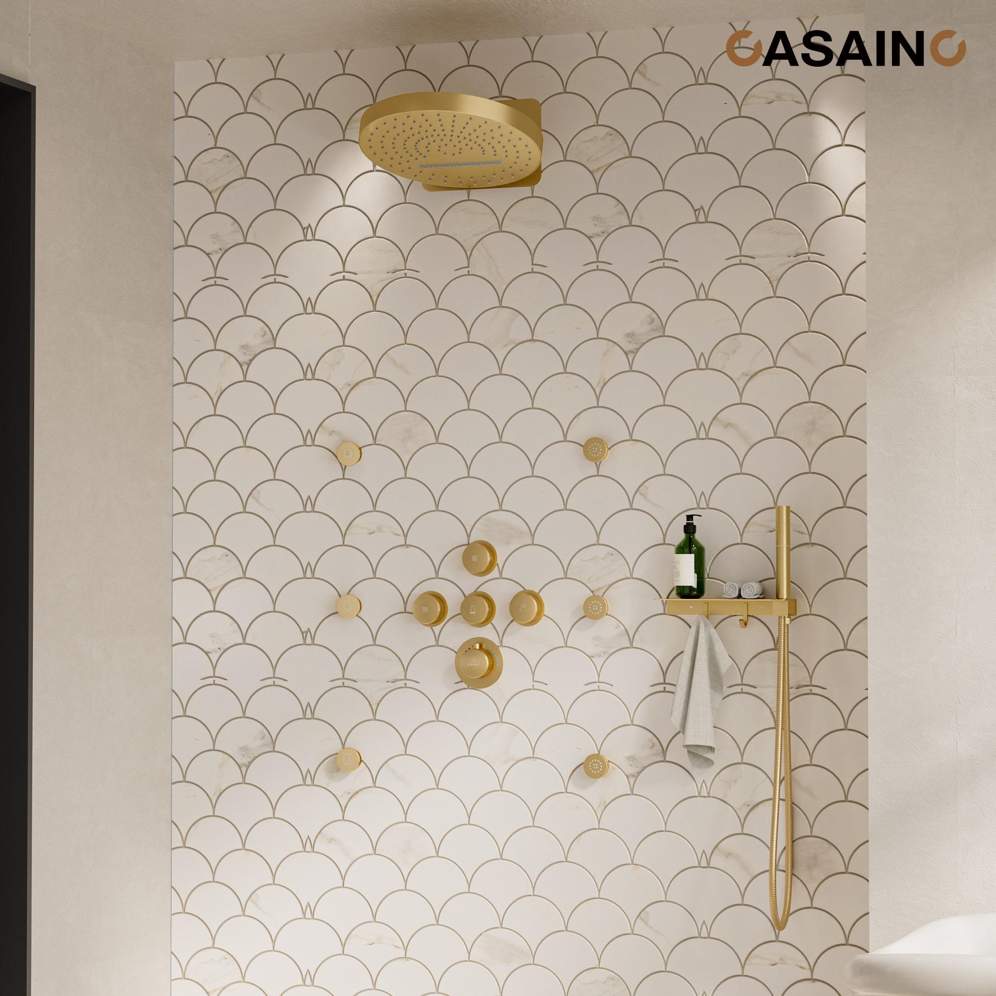 CASAINC Rainfall Thermostatic Shower System with Body Jets, 2-Sprays Shower Head and a Shelf KCHS0005-12BG