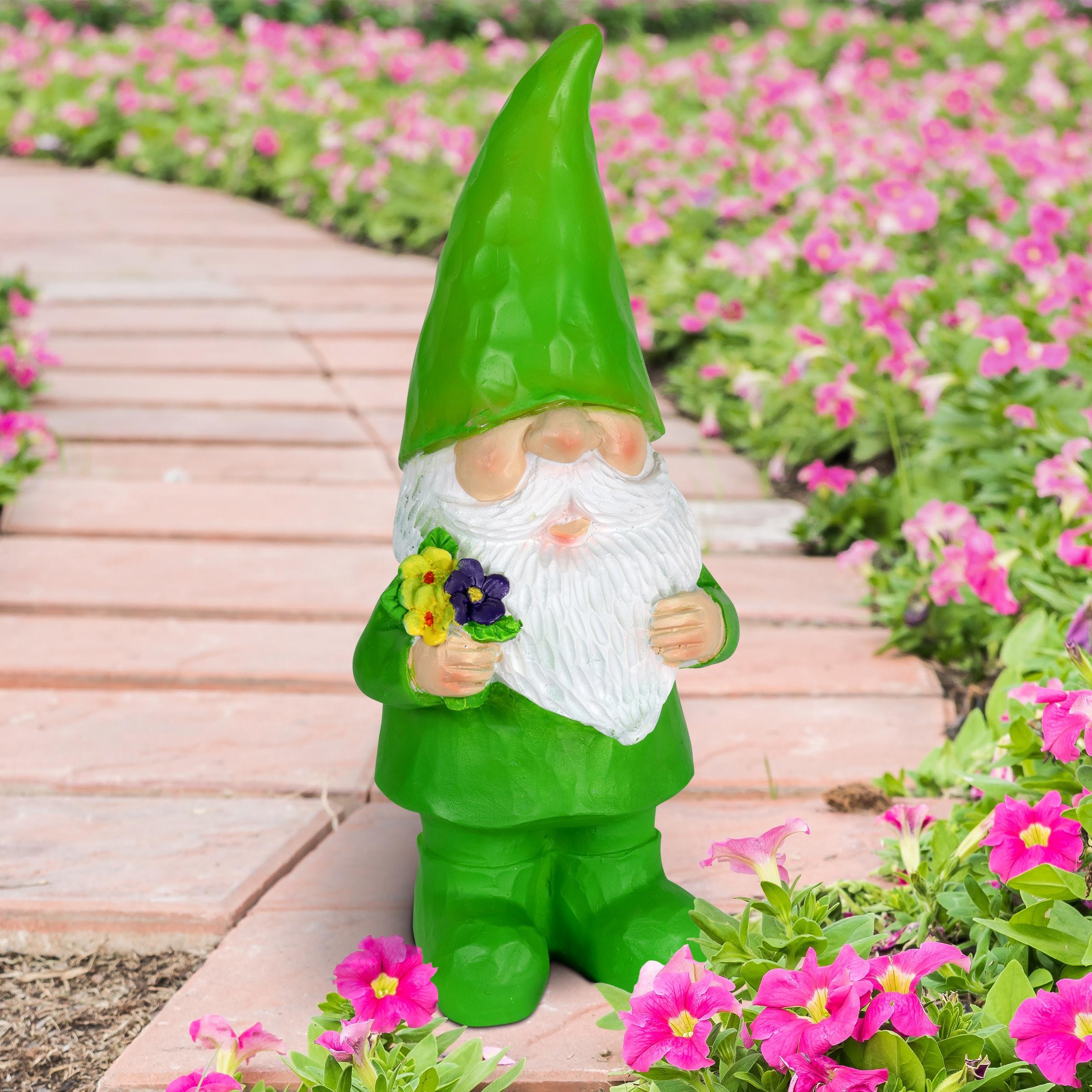 Green LED Solar-Powered Resin Garden Gnome with Flowers