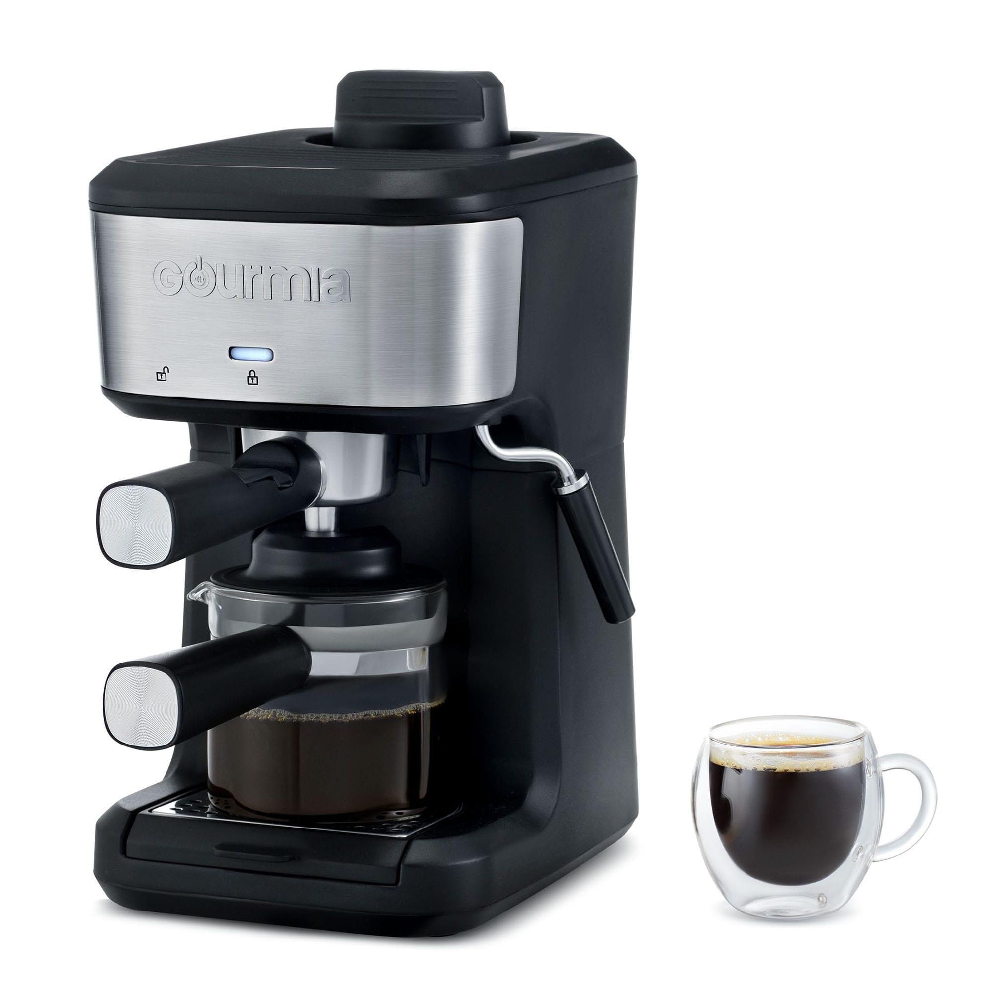 Gourmia 4-Shot Steam Espresso, Cappuccino, and Latte Maker with Frothing Wand: 1.5L Capacity, 1500W Electric