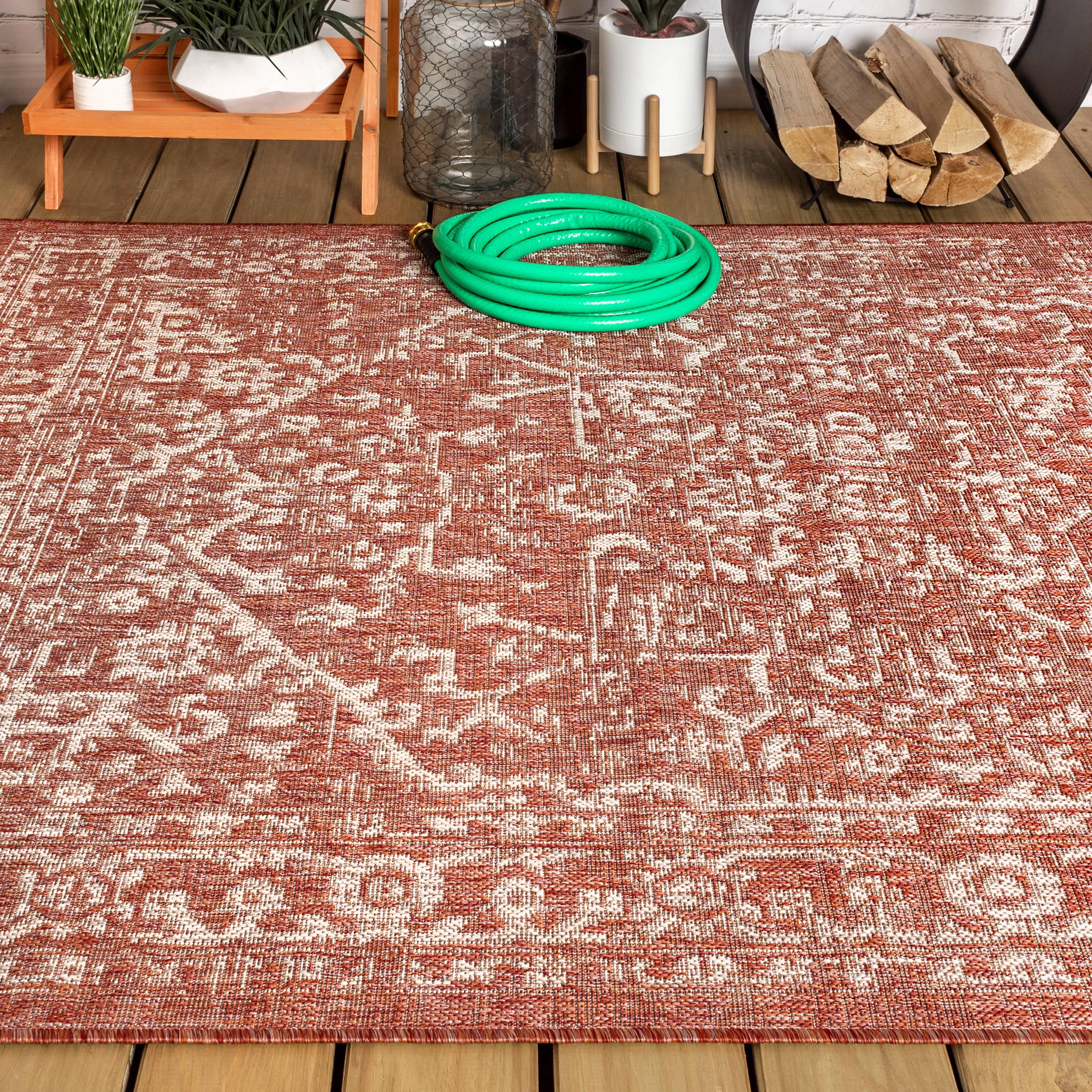 8'x10' Malta Bohemian Medallion Textured Weave Indoor/Outdoor Area Rug, Red/Taupe - JONATHAN Y