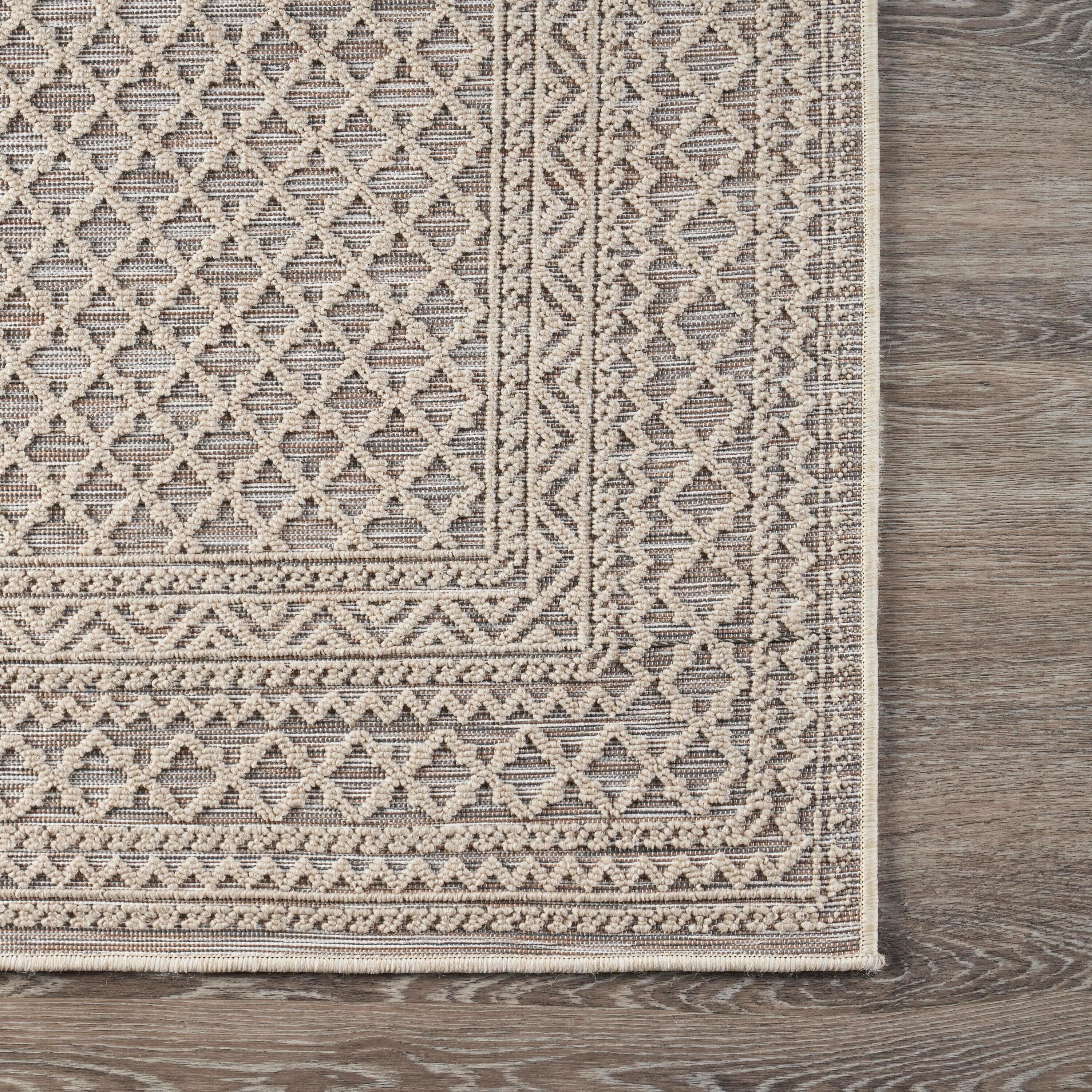 LR Home Natural Beige Toned 5 ft. x 7 ft. Classic Geometric Trellis Bordered Indoor/Outdoor Rug