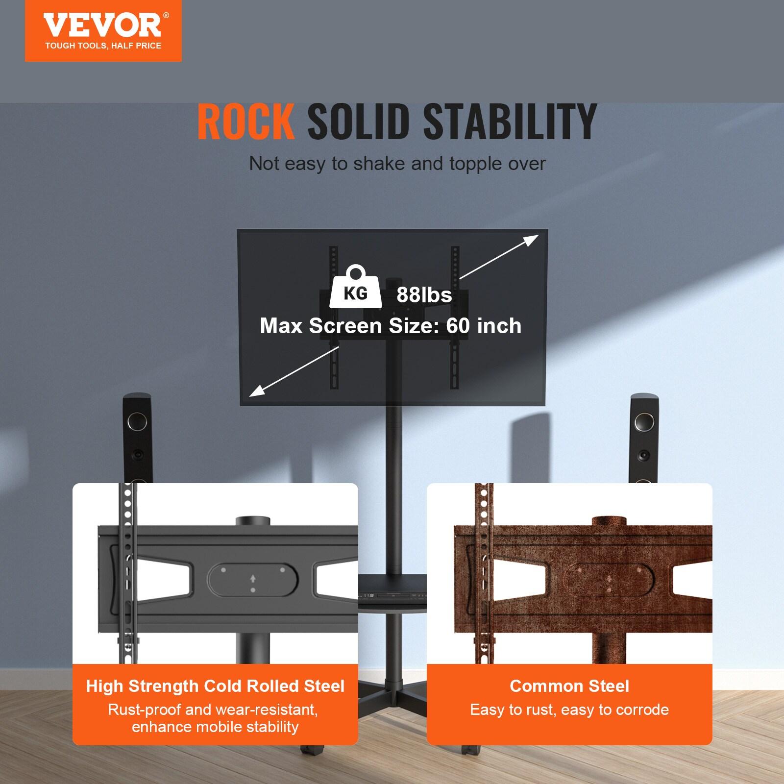 VEVOR Mobile TV Stand, Mobile TV Cart for 23 to 60 inch TVs, Height Adjustable Portable TV Stand with Wheels, with A Tray for Audio-Visual Devices