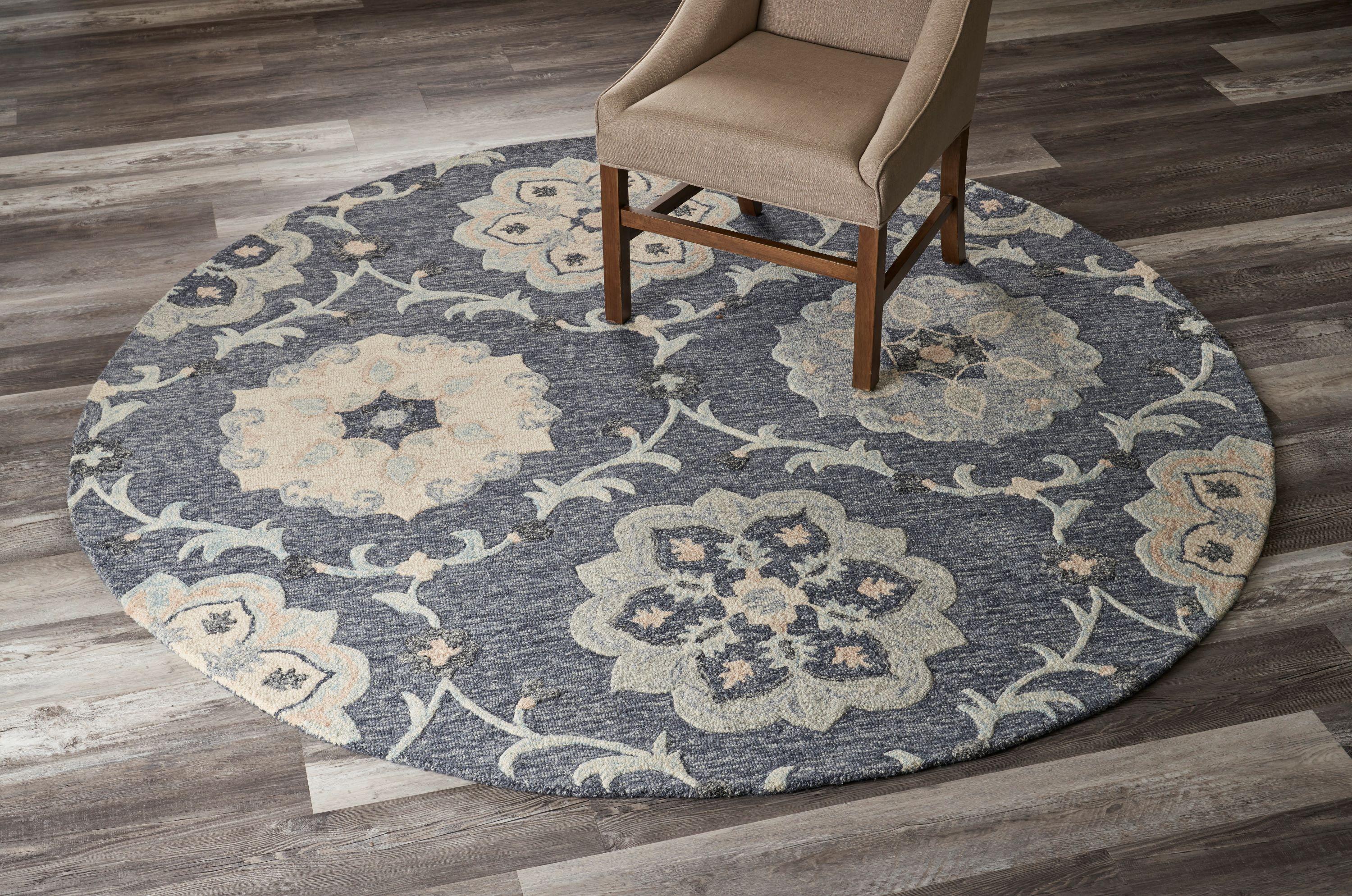 LR Home Aiden 4'10" Round Blue and Gray Floral Wool Indoor Area Rug