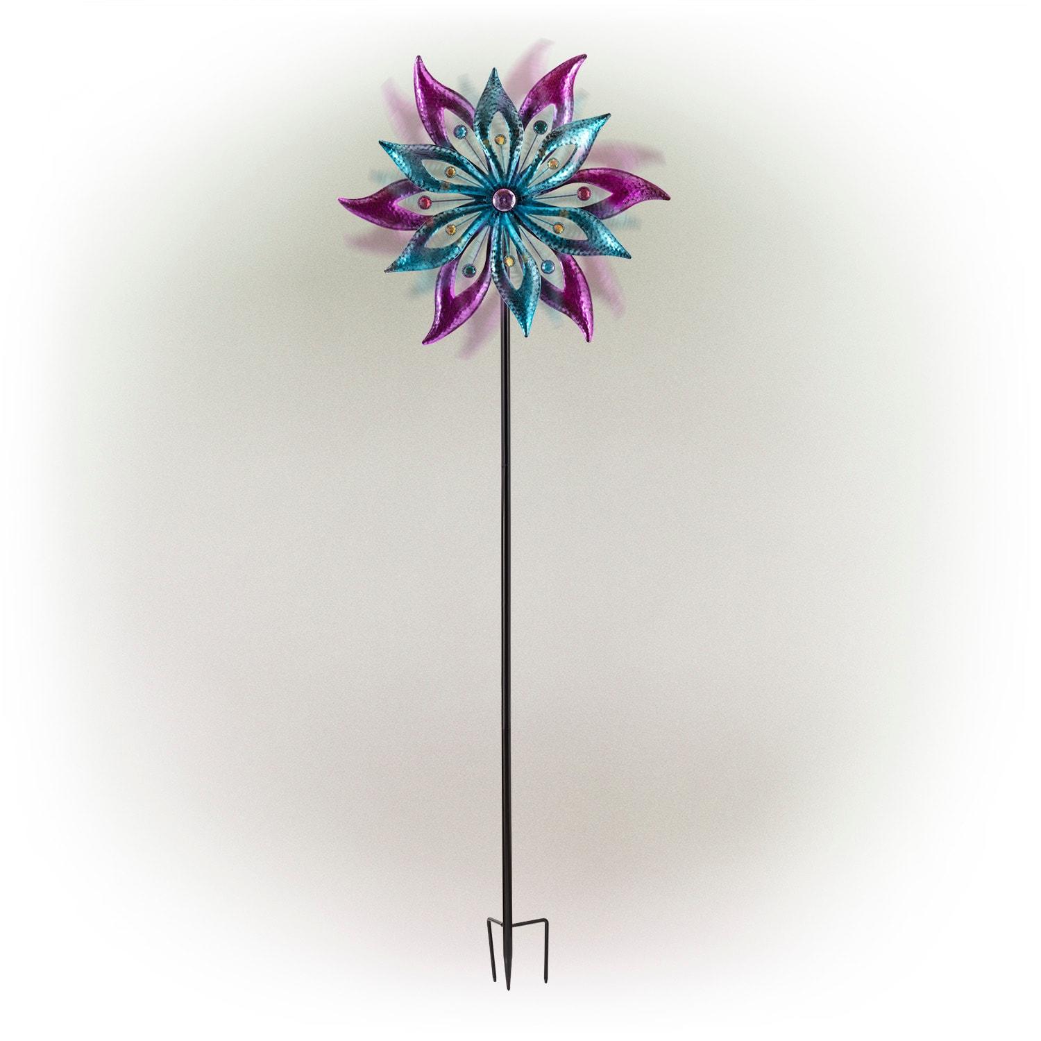 Purple and Aqua Floral Metal Wind Spinner Stake, 64"