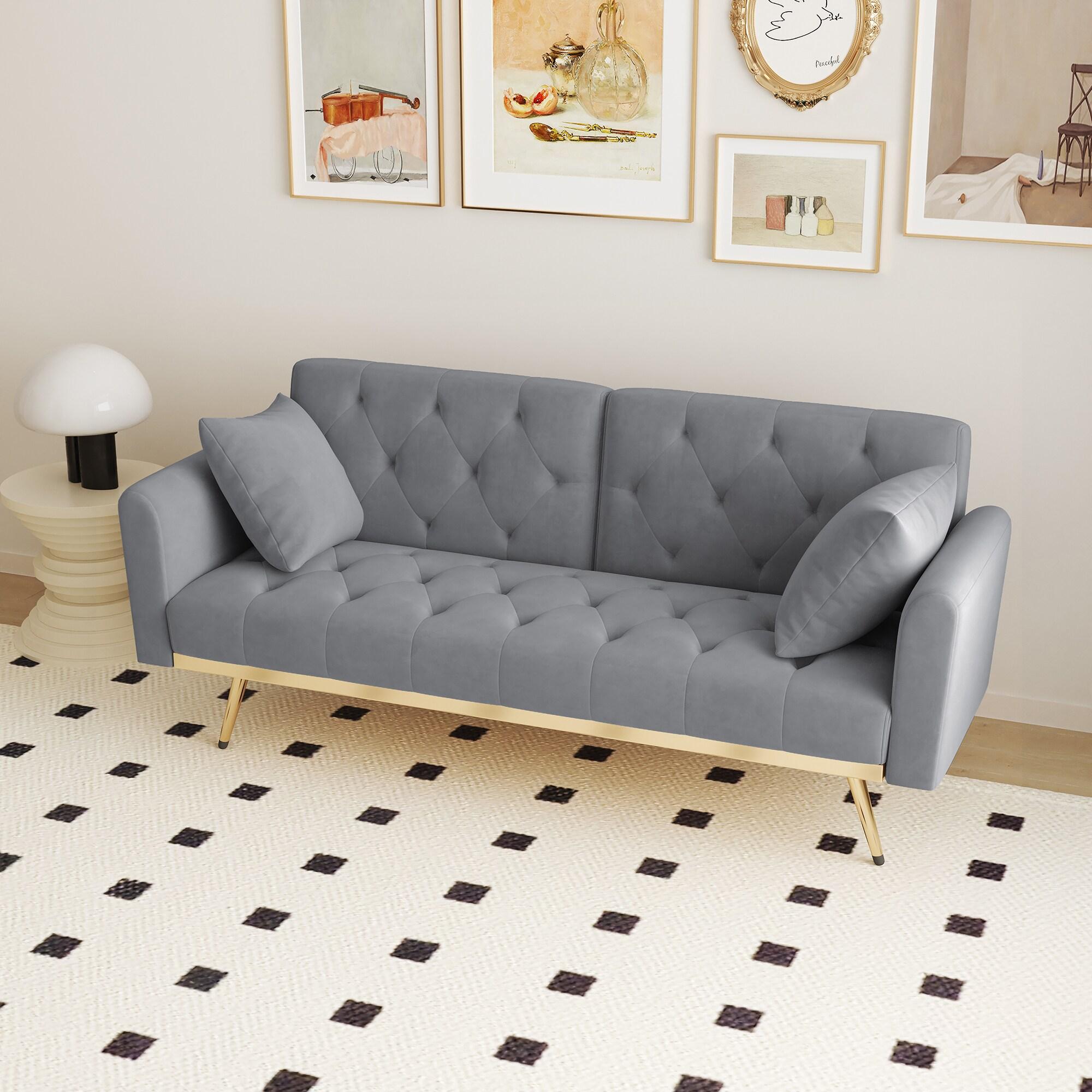 68.3" Gray Velvet Nailhead Sleeper Sofa with Throw Pillow