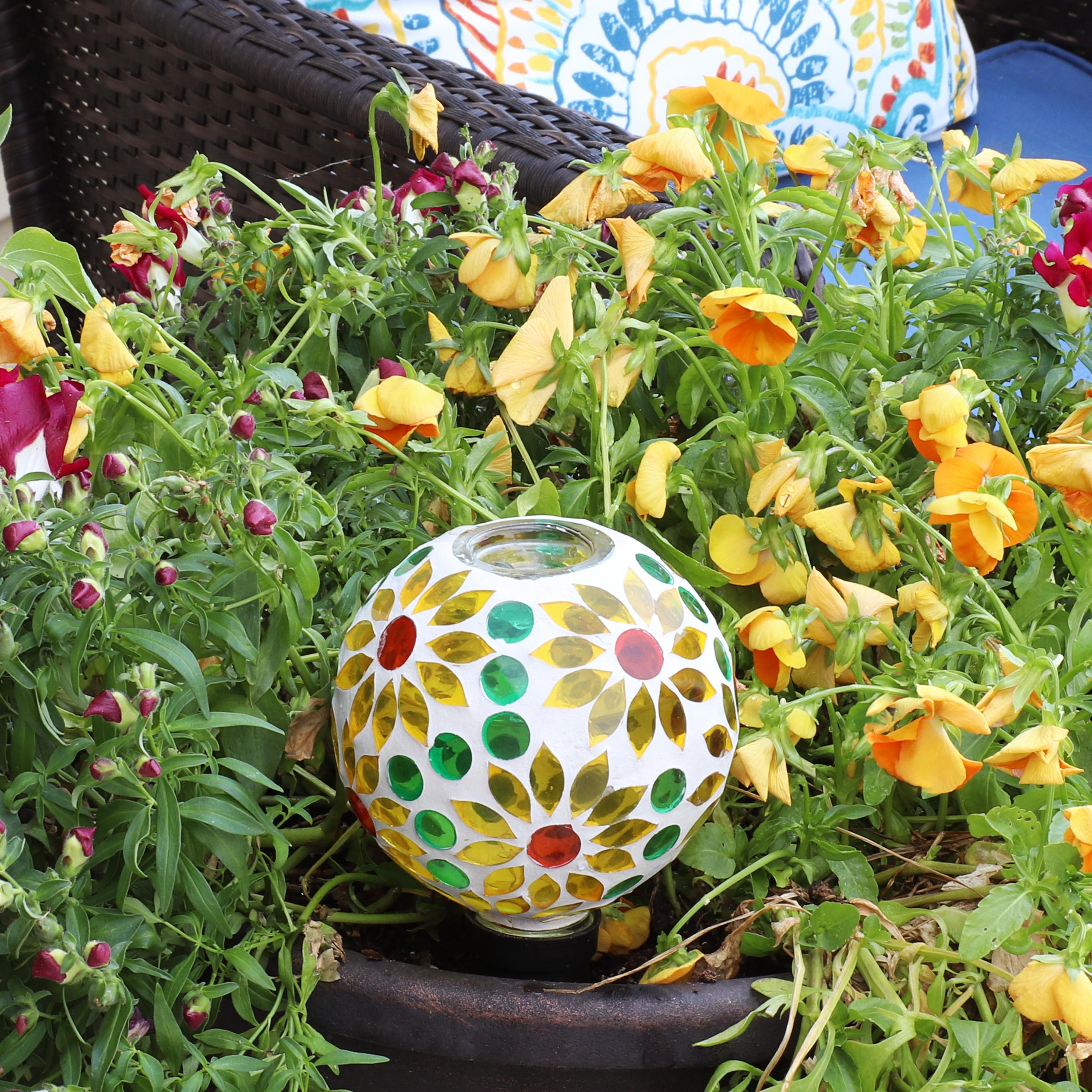 Sunnydaze Outdoor Mosaic Glass Watering Globe with Clay Spike for Planters - 9.5" - Bright Blooms