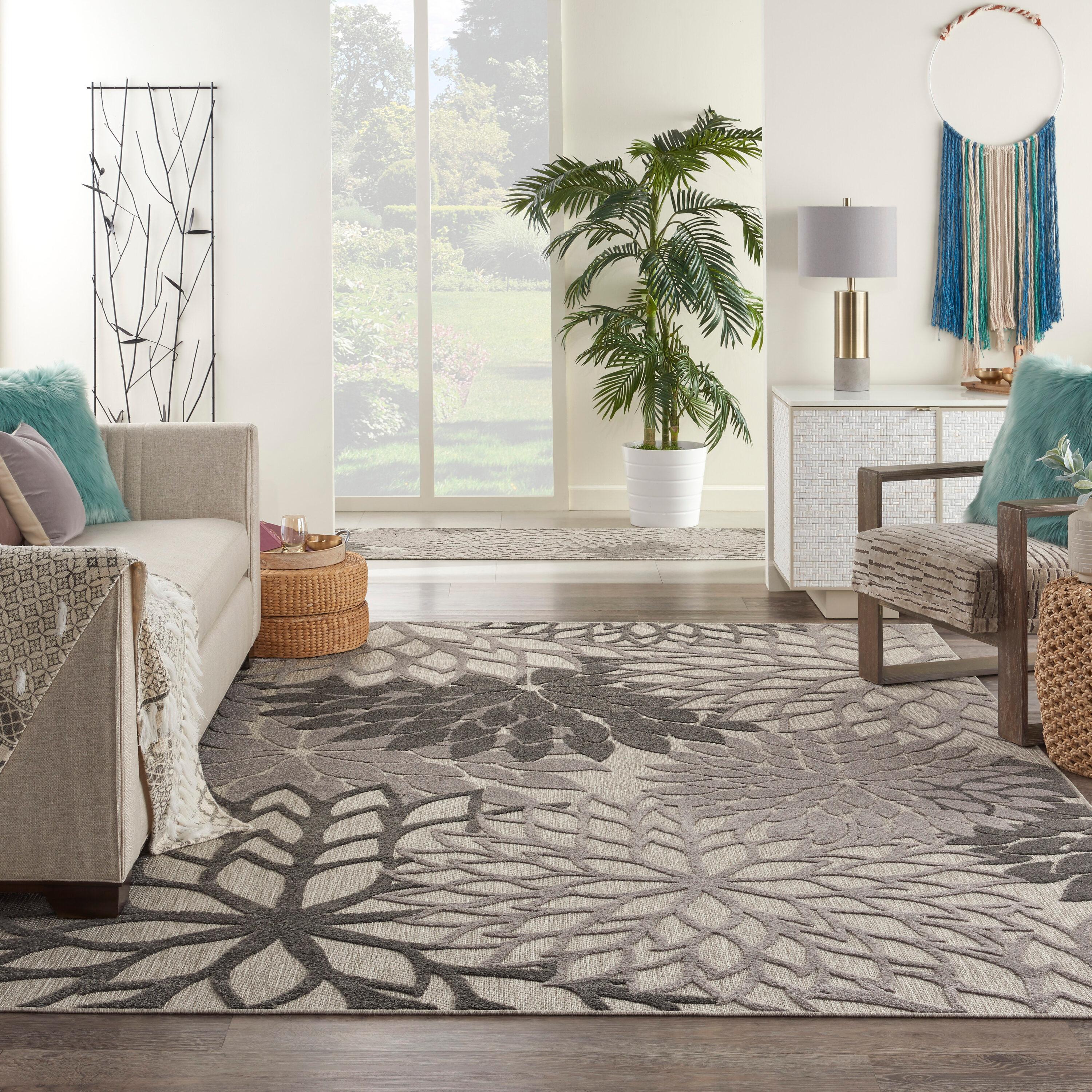 Nourison Aloha Floral Bloom Flatweave High-Low Indoor Outdoor Area Rug Silver Grey 7' x 10'