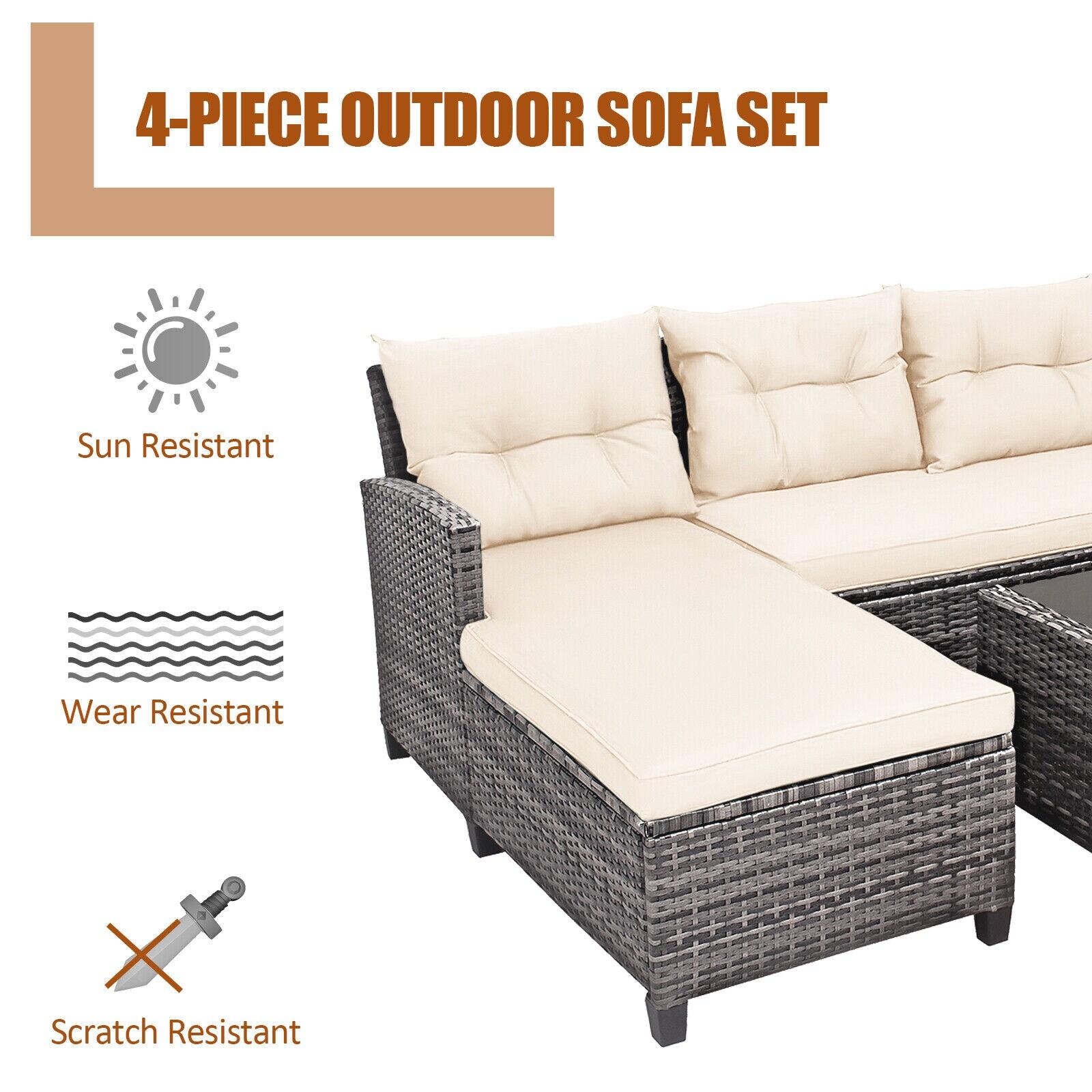 Costway 4PCS Patio Rattan Furniture Set Sofa Ottoman Cushion Garden Deck White