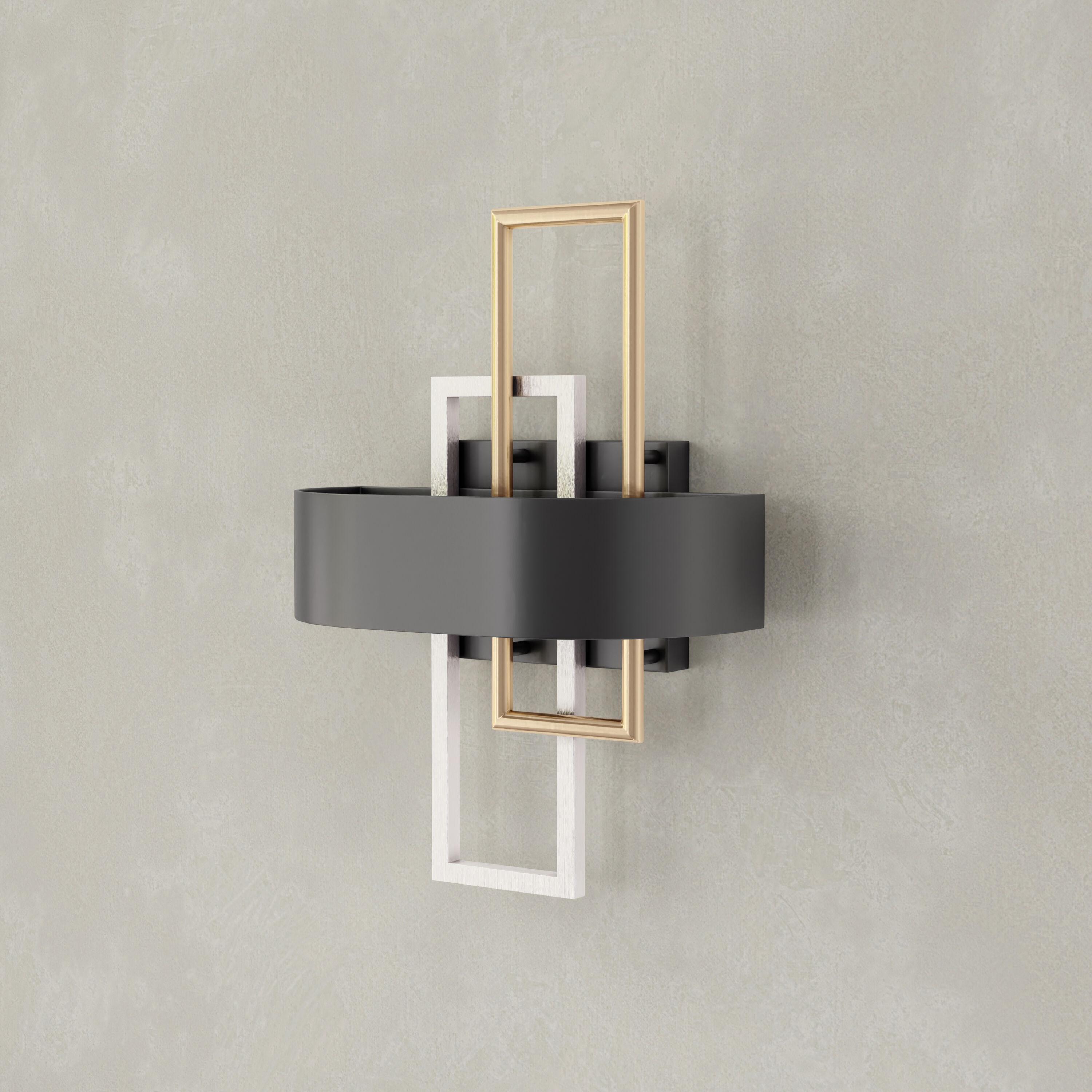 Progress Lighting Adagio 2-Light Wall Sconce, Black, Geometric Pattern, Steel, Damp Rated, Brushed Silver and Brass Accents