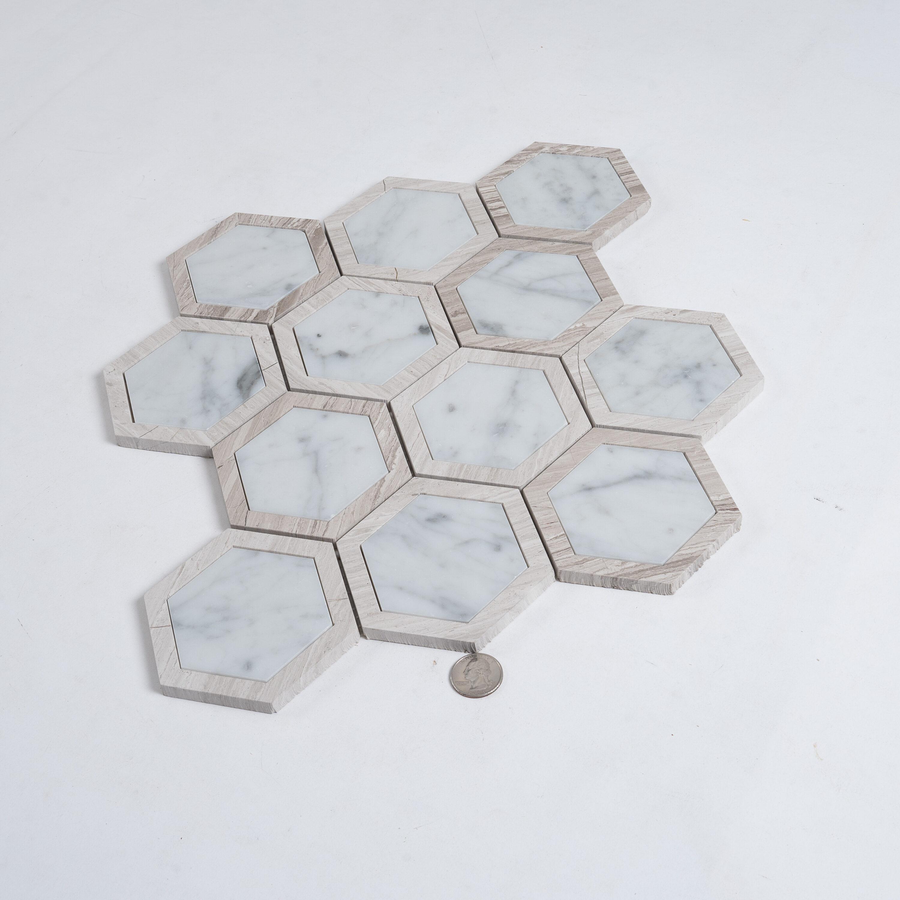 Apollo Tile 12 x 13.5 Bianco Carrara, Wooden Grey Marble Random Mosaic Tile