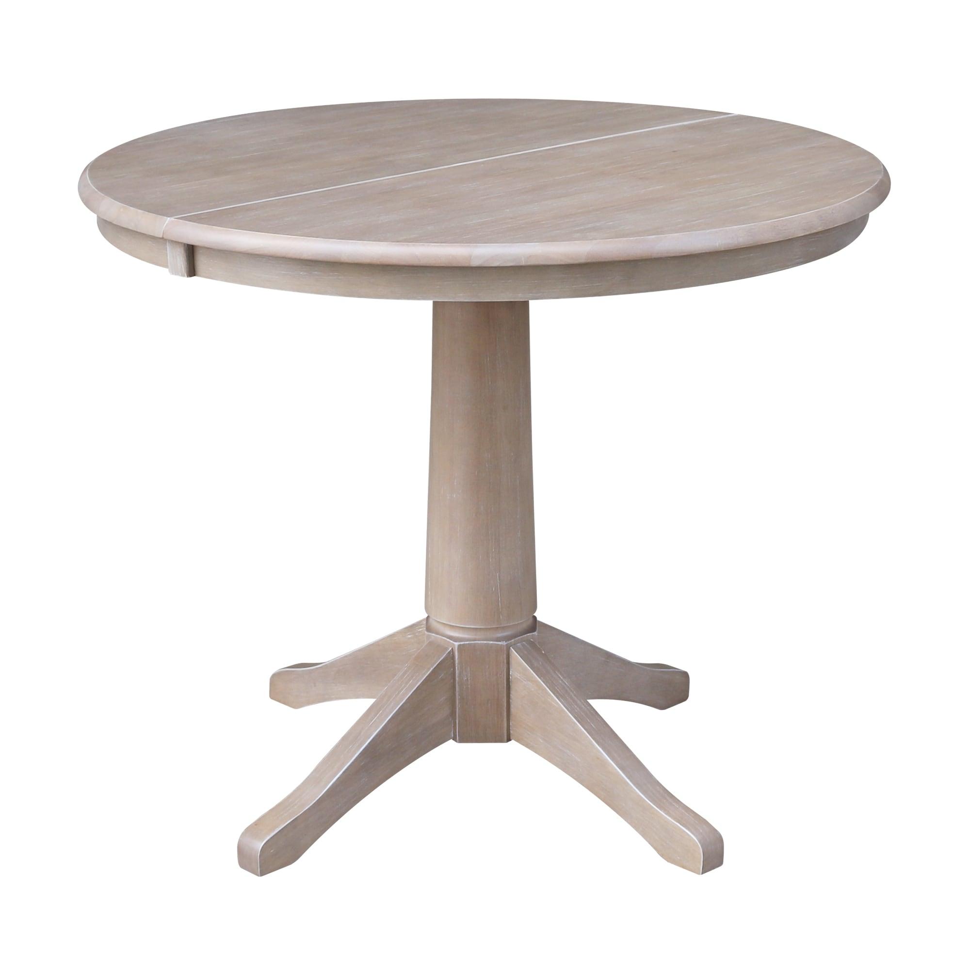 36" Magnolia Round Top Dining Table with 12" Leaf Washed Gray Taupe - International Concepts: Hardwood Pedestal Base, Seats 4