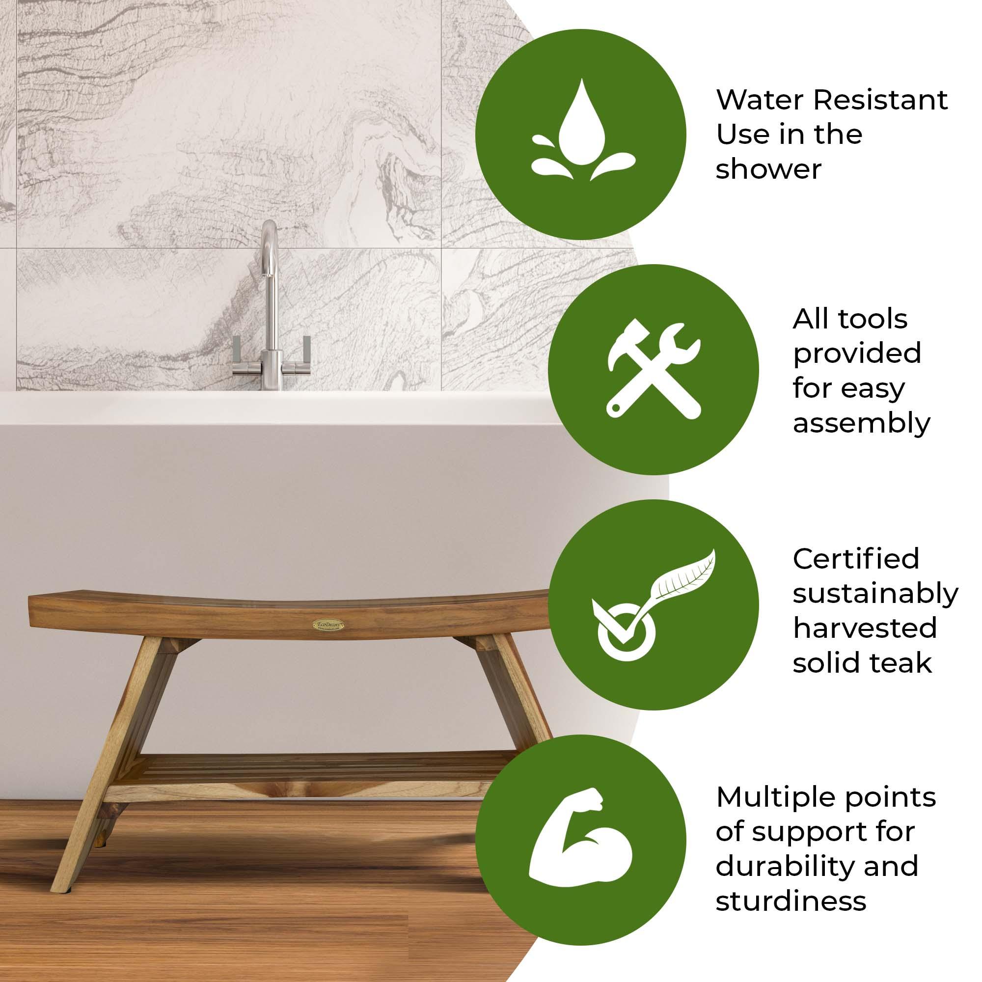 35" Serenity ED968 Wide Teak Shower Bench with Shelf - EcoDecors