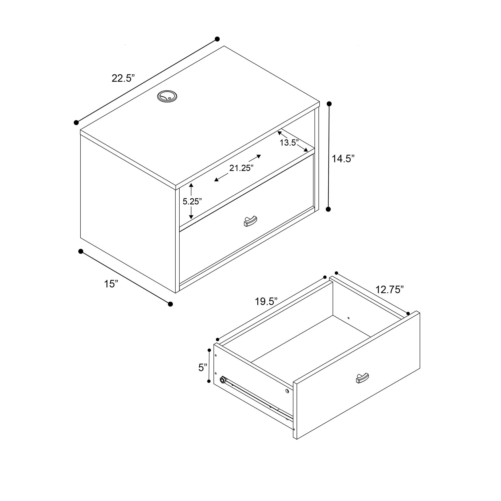 Floating 1 Drawer Nightstand with Open Shelf Cherry - Prepac: Laminated, Cable Management, Metal Glides