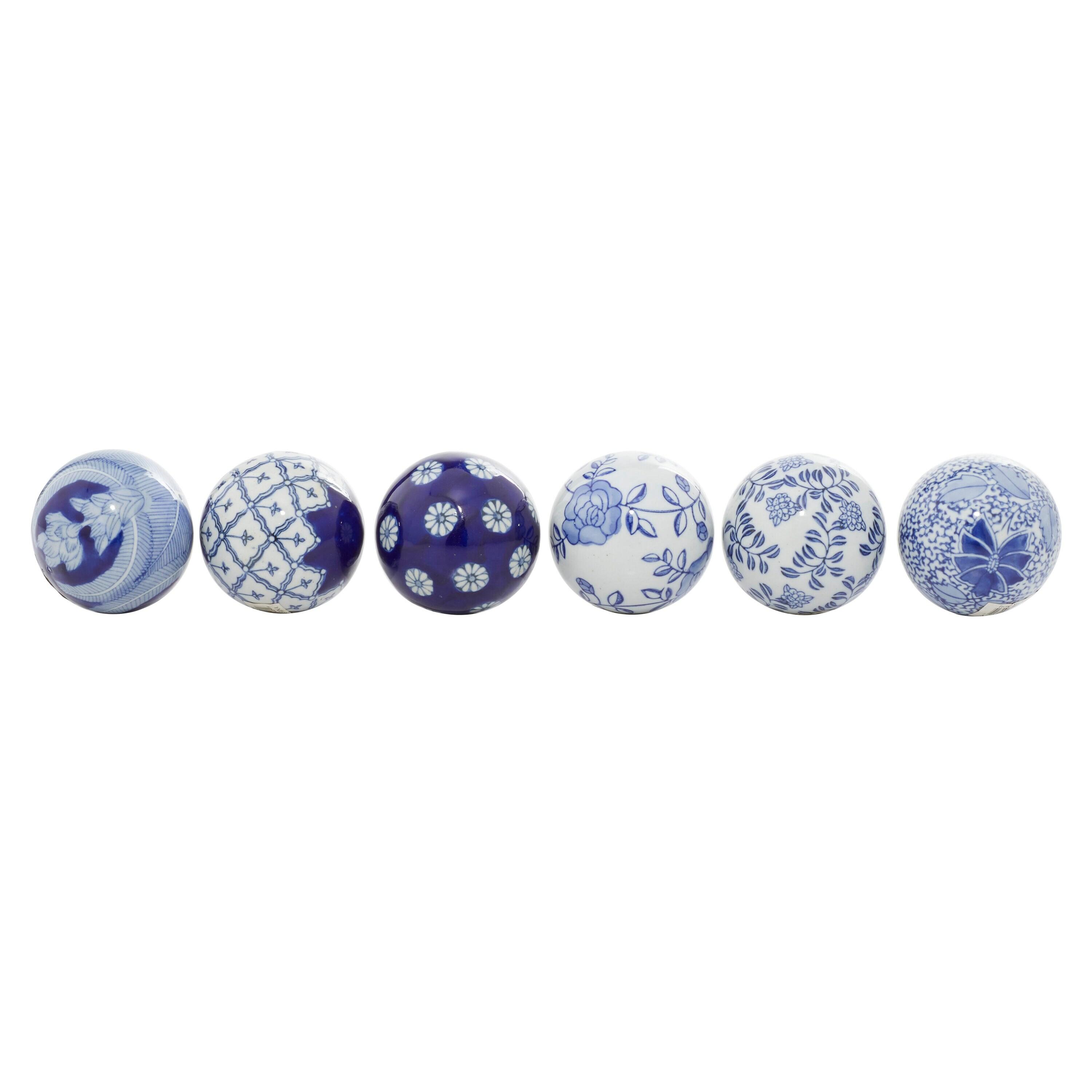 DecMode Blue 3" Floral Handmade Glossy Ceramic Orbs & Vase Filler with Varying Patterns (6 Count)