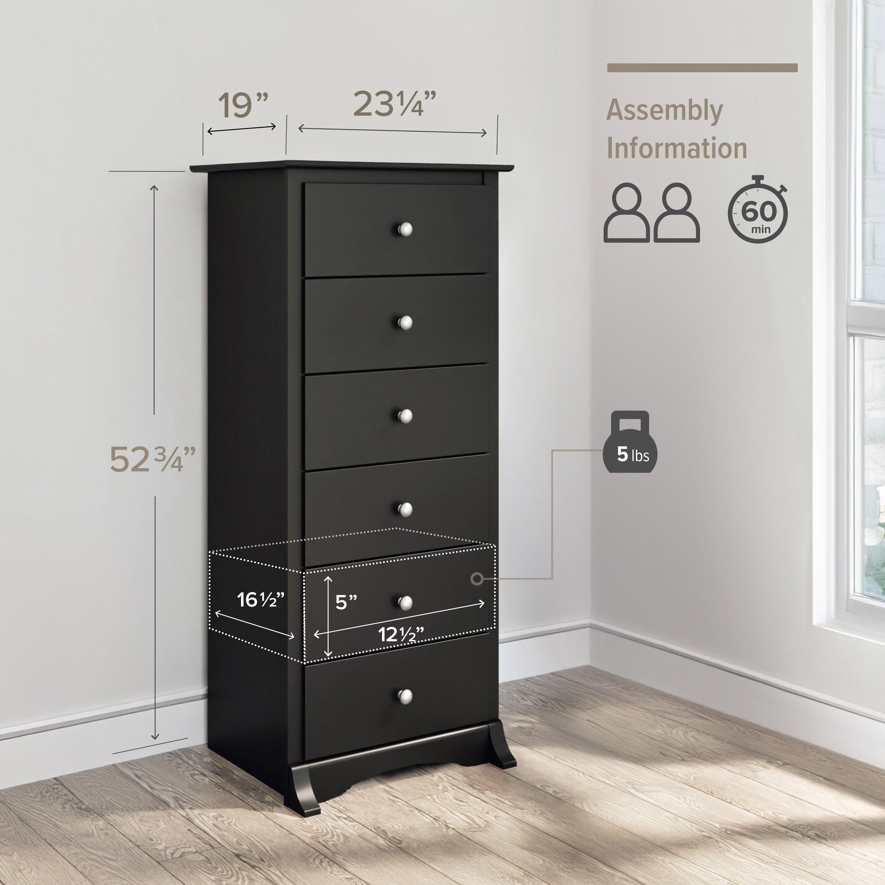 6 Drawer Chest of Drawers Black - Prepac: Tall, Space-Saving Lingerie Storage for Bedroom