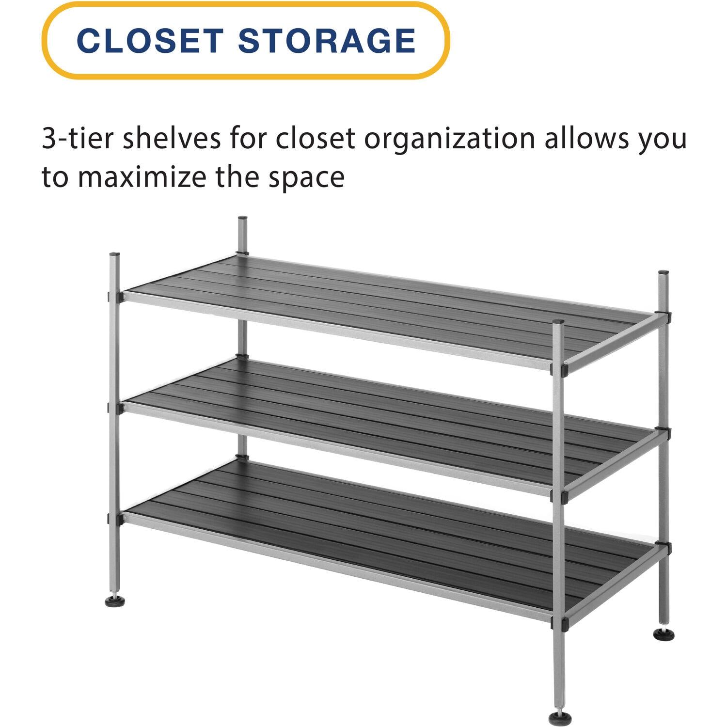 Whitmor 3-Tier Storage Shelves - Shoe Rack and Home Organizer - 12" x 25.625" x 17" - Silver Epoxy Iron Frame