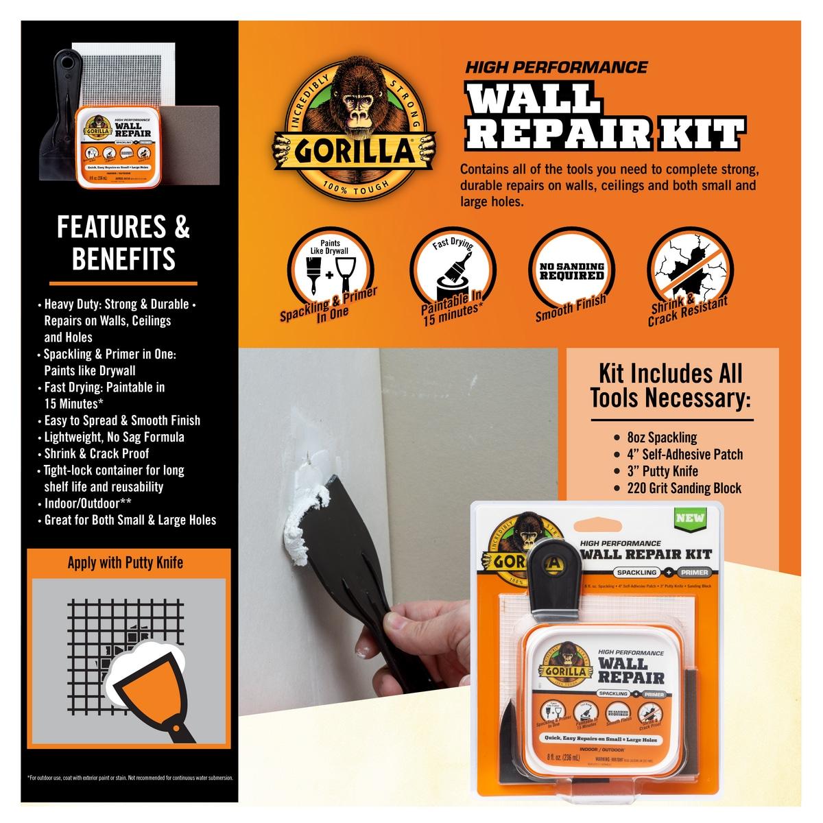 Gorilla Glue Wall Repair Kit. 4oz Spackling & Patch, 3" Putty Knife and 220 Grit Sanding Block Color