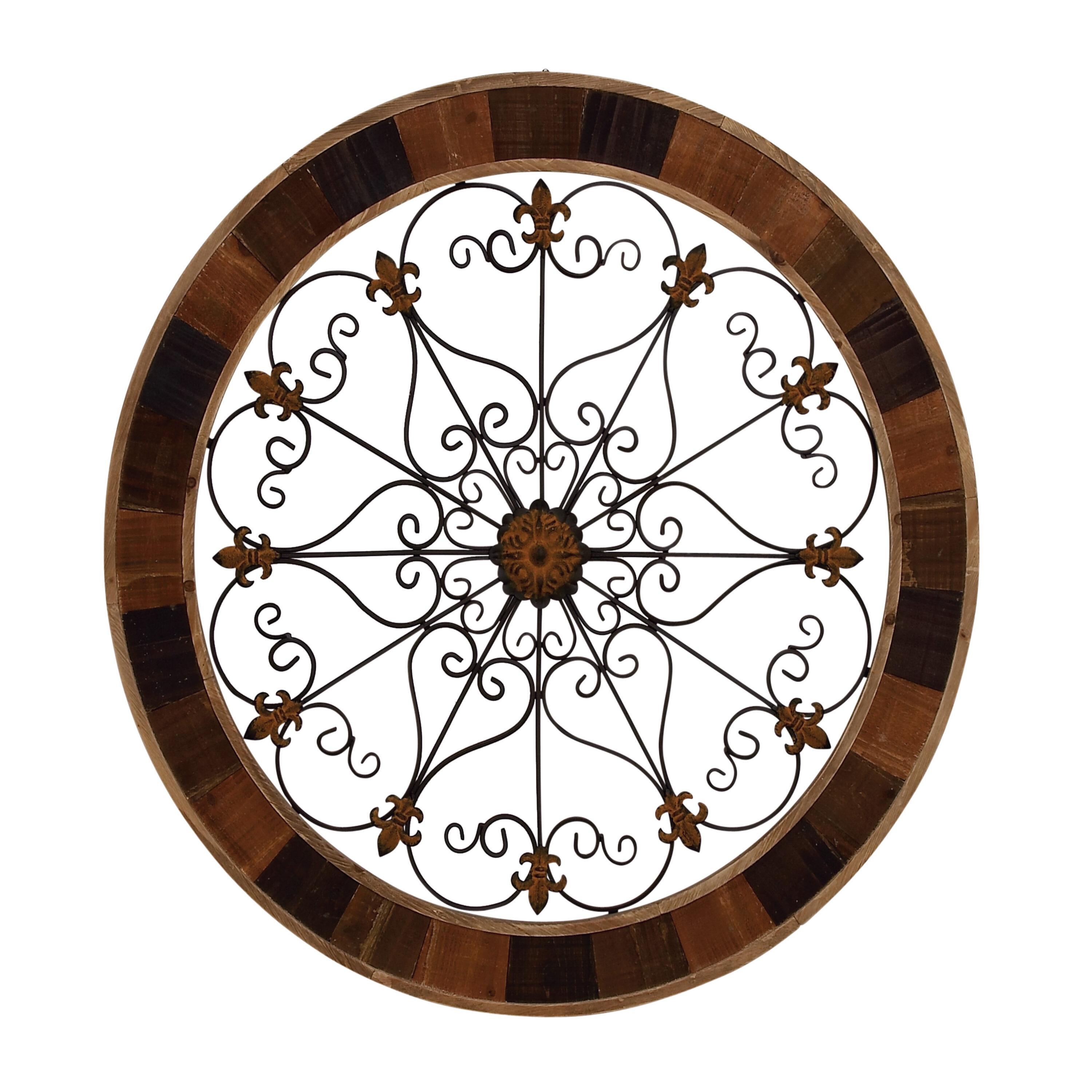 DecMode Brown Wood Arabesque Scroll Wall Decor with Metal Fleur De Lis Relief