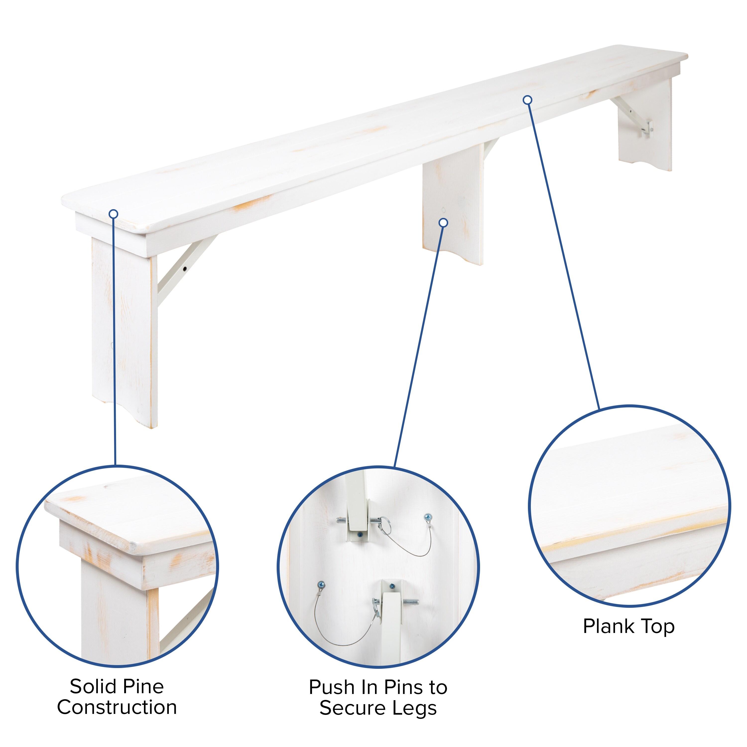 Flash Furniture HERCULES Series 8' x 12" Antique Rustic Solid White Pine Folding Farm Bench with 3 Legs