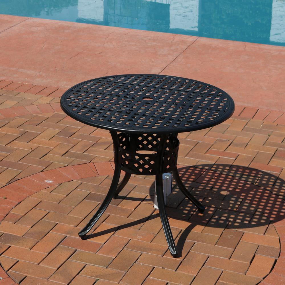 Sunnydaze Round Lattice Design Cast Aluminum Outdoor Patio Table with Umbrella Hole, Black