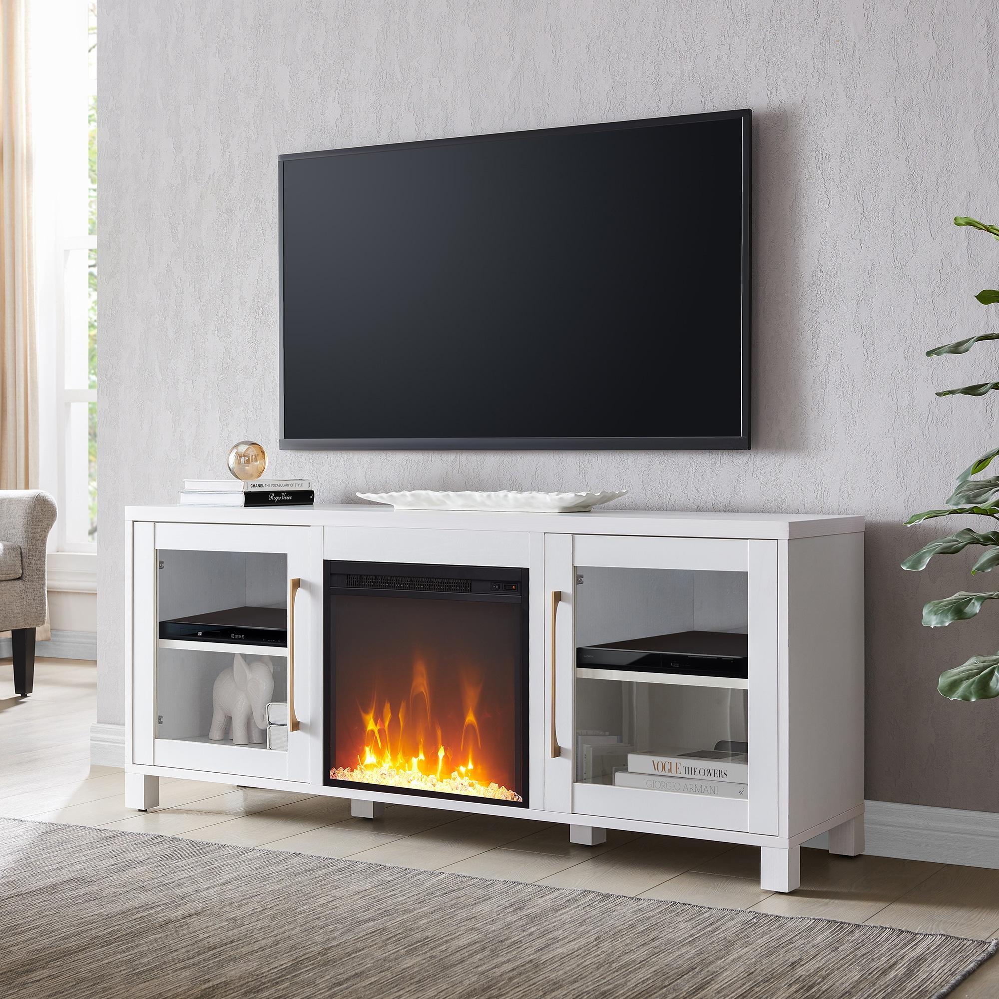 Evelyn&Zoe Quincy Rectangular TV Stand with Crystal Fireplace for TV's up to 65", White