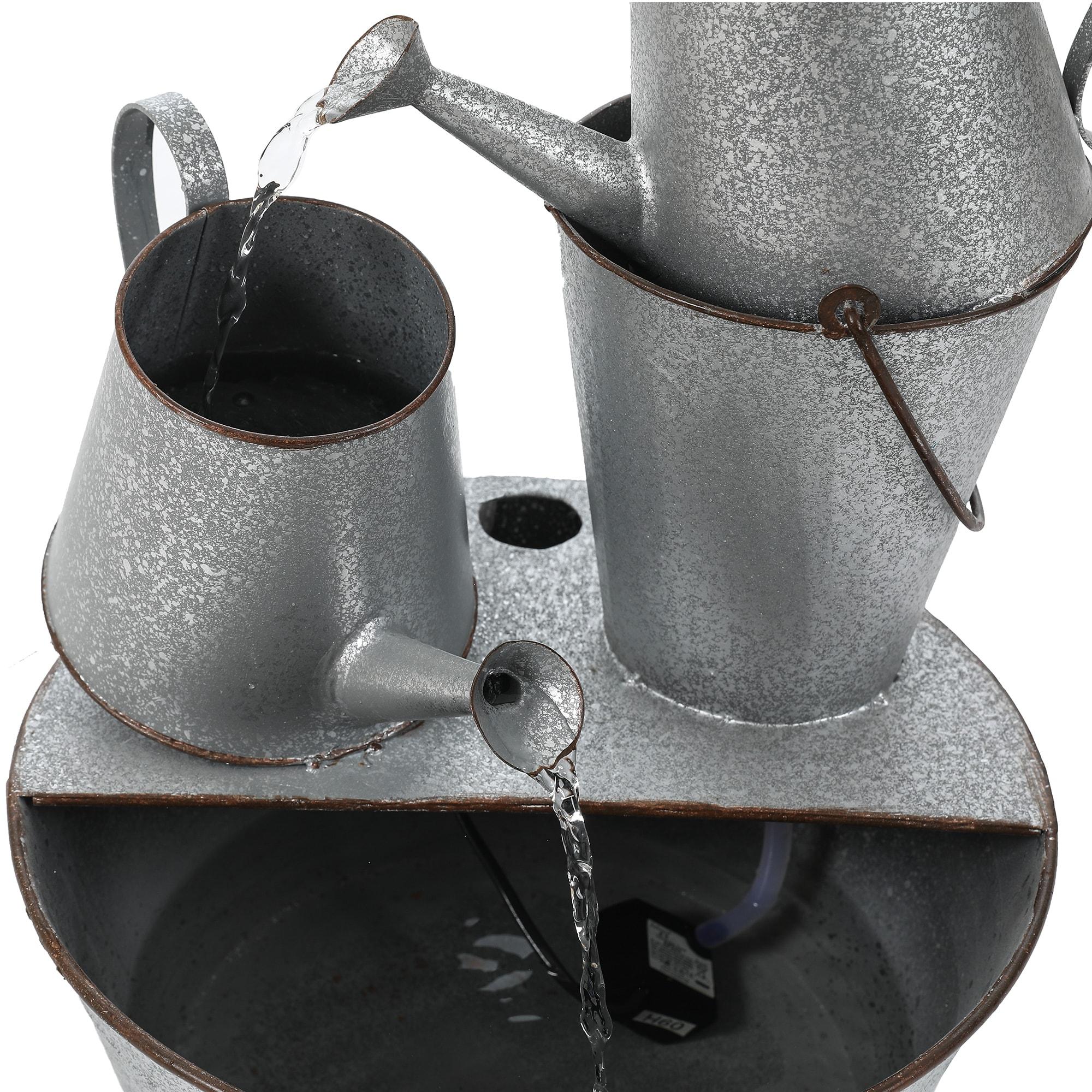 LuxenHome Farmhouse Rustic Metal Pitcher Outdoor Fountain Silver