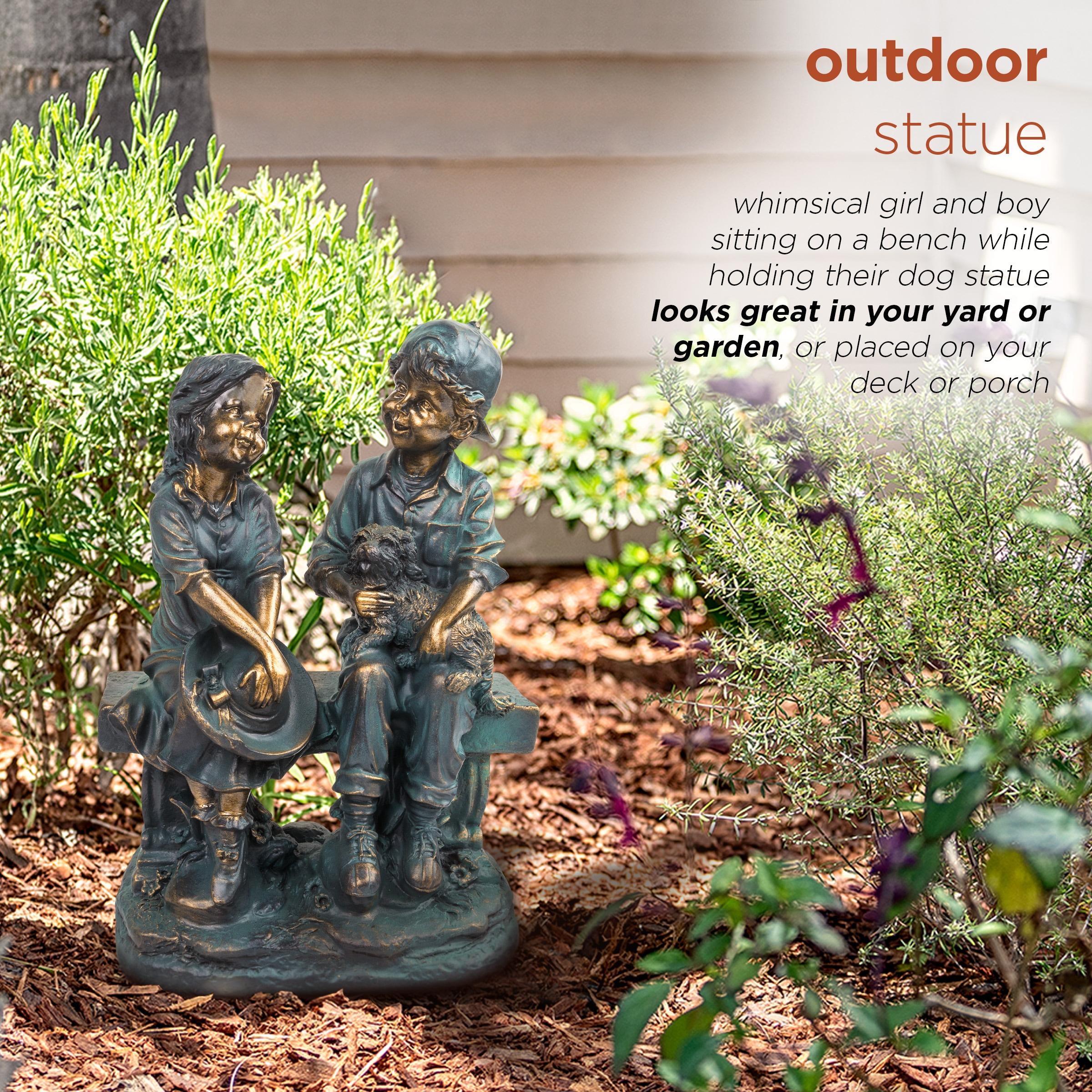 Alpine Corporation 16" Polyresin Girl and Boy with Dog Sitting on Bench Sculpture Bronze: Durable Outdoor Decor, Magnesium Oxide, Rust-Resistant