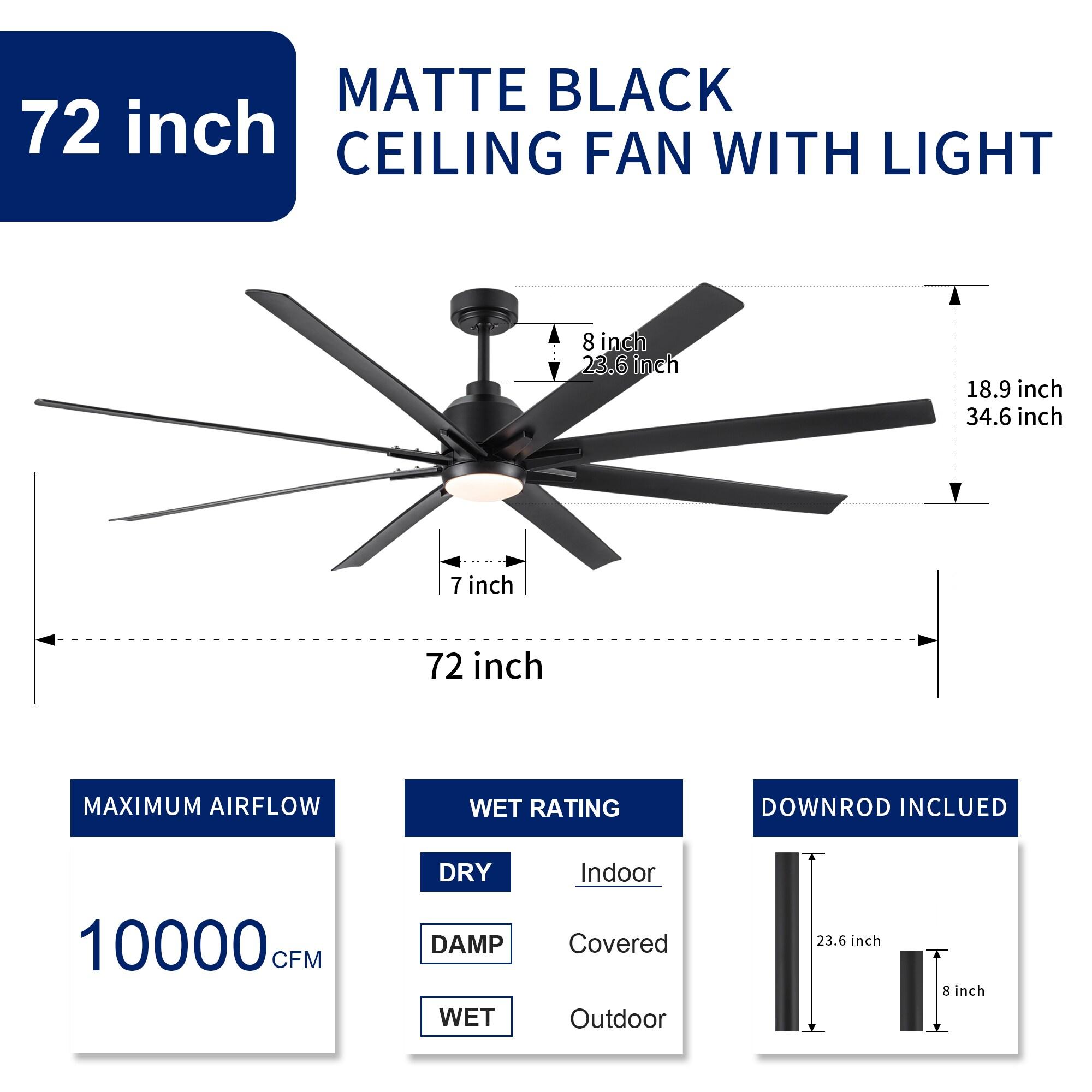 Wellspeed 72 in. Large Ceiling Fan with Integrated LED and 8 Blade, for Mordern Indoor/Outdoor, Black