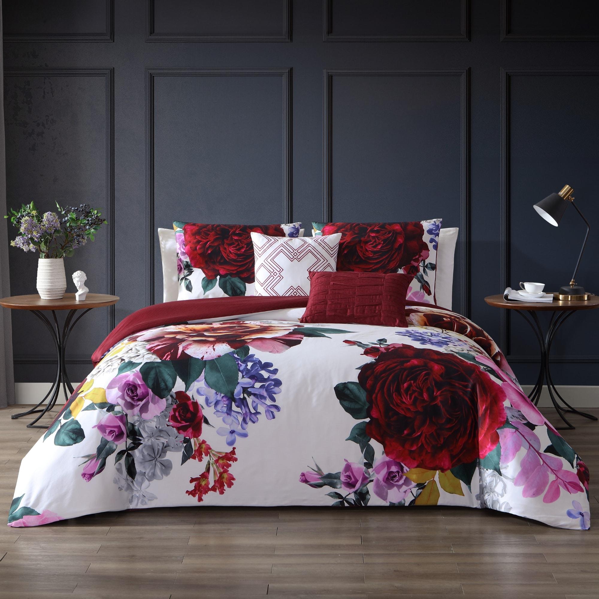 BeBeJan Bebejan Magenta Floral 100% Cotton Sateen 5 Piece Reversible Comforter Set