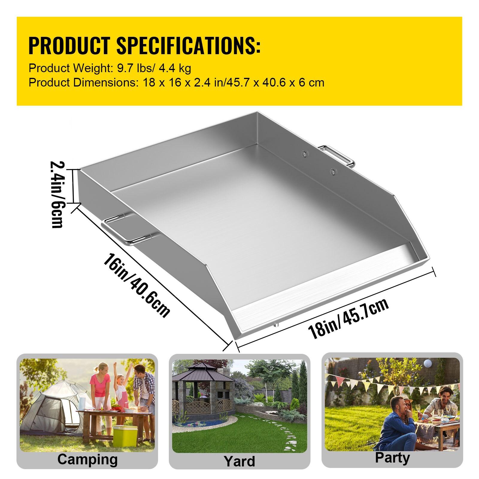 VEVORbrand Stainless Steel Griddle,18" X 16" Universal Flat Top Rectangular Plate, BBQ Charcoal/Gas Grill with 2 Handles and Grease Groove with for Camping, Tailgating and Parties