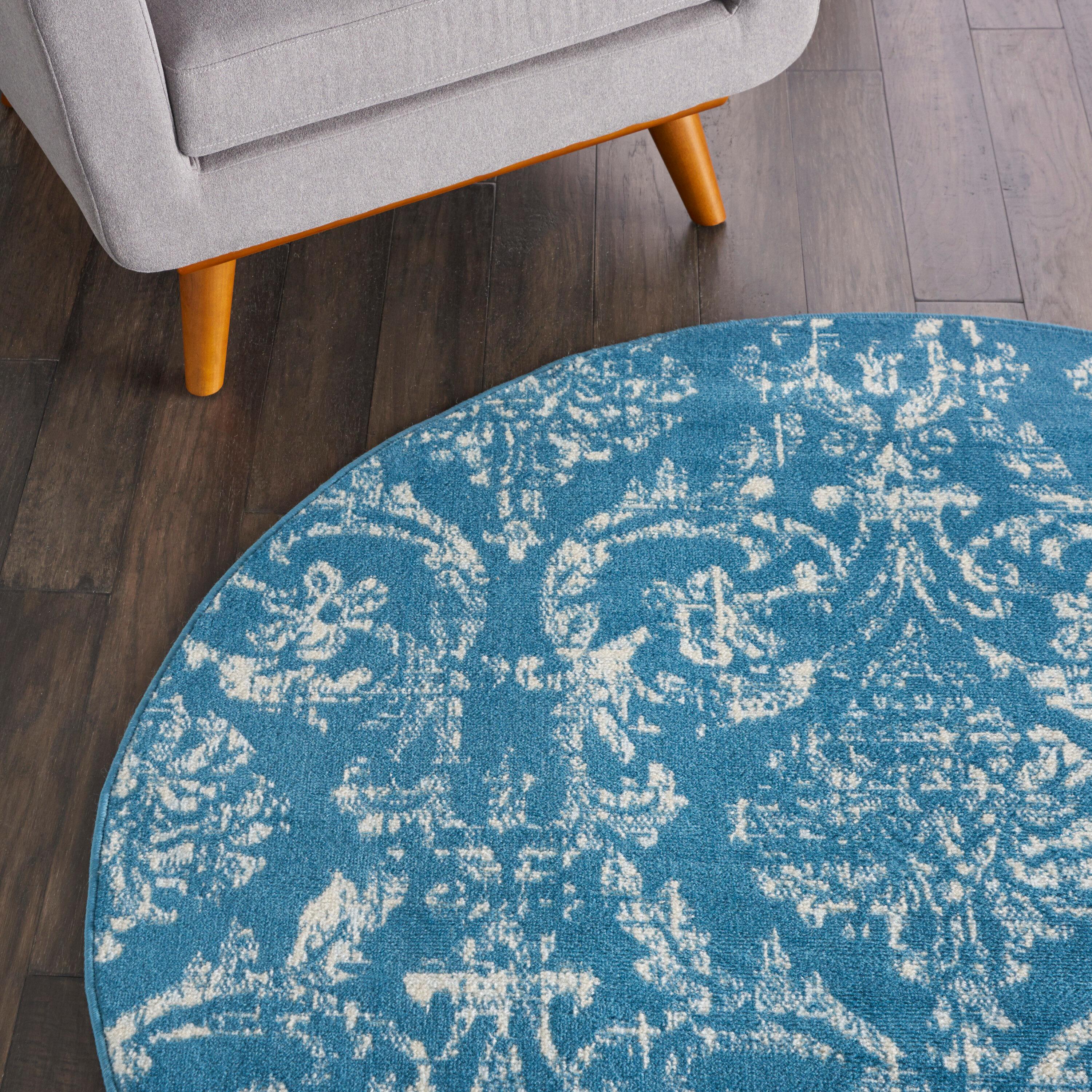 Nourison Jubilant 5'3" x ROUND (5' Round) Blue Area Rug Farmhouse Vintage Damask by Nourison