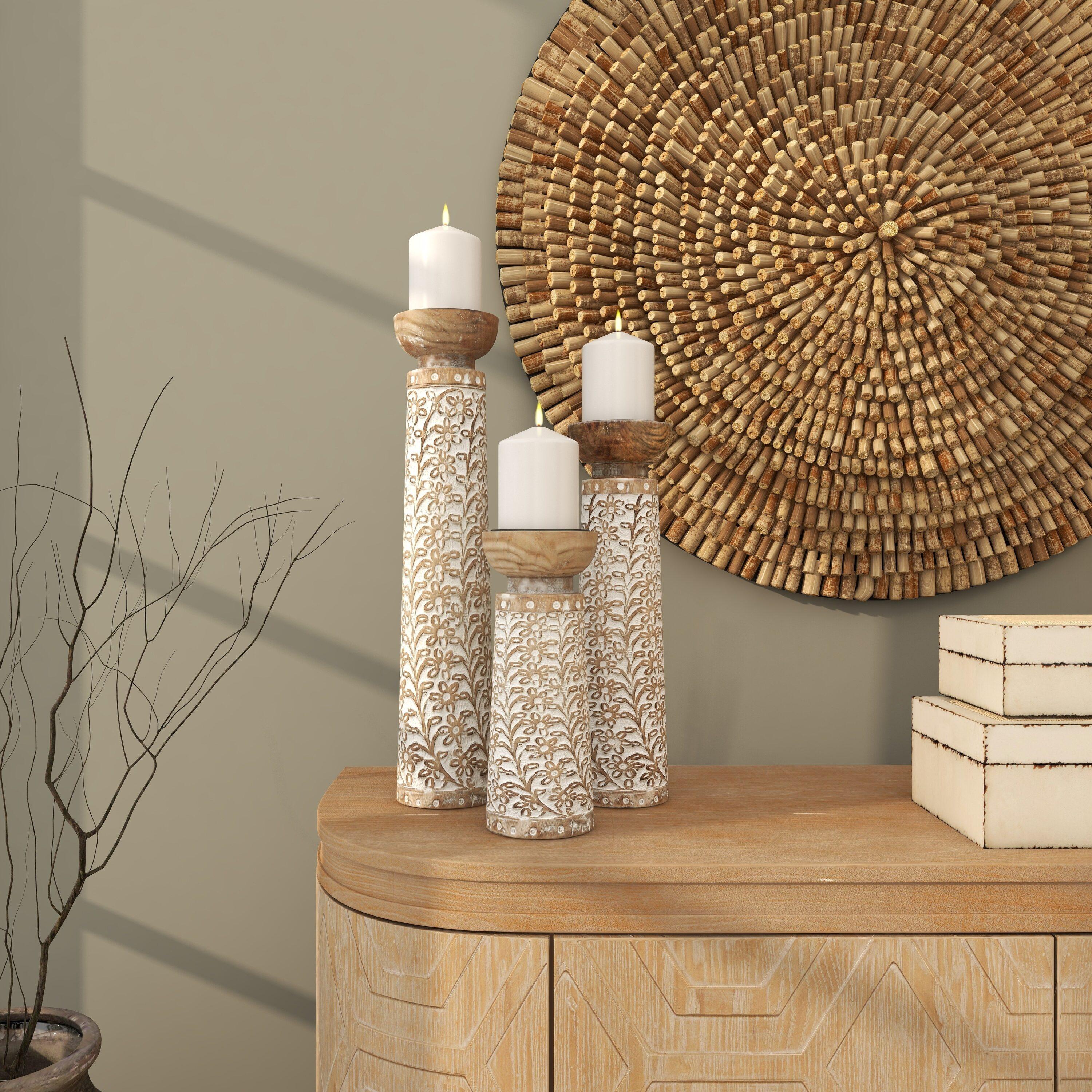 Set of 3 Rustic Cylindrical Mango Wood Candle Holders Off White - Olivia & May: Elegant Tabletop Decor