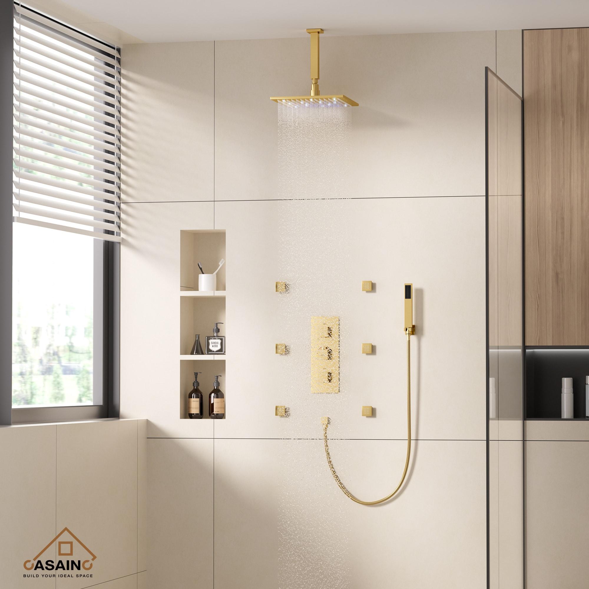 CASAINC LED Thermostatic Dual Shower Heads Ceiling Mount Fixed and Handheld Shower Head