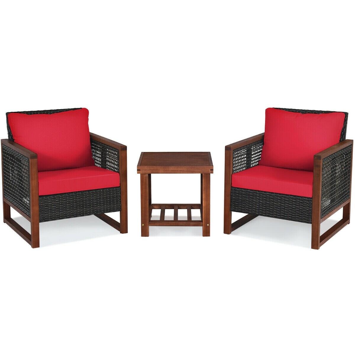 Costway 3PCS Patio Wicker Furniture Set Solid Wood Frame Cushion Sofa w/ Square Table Shelf Red