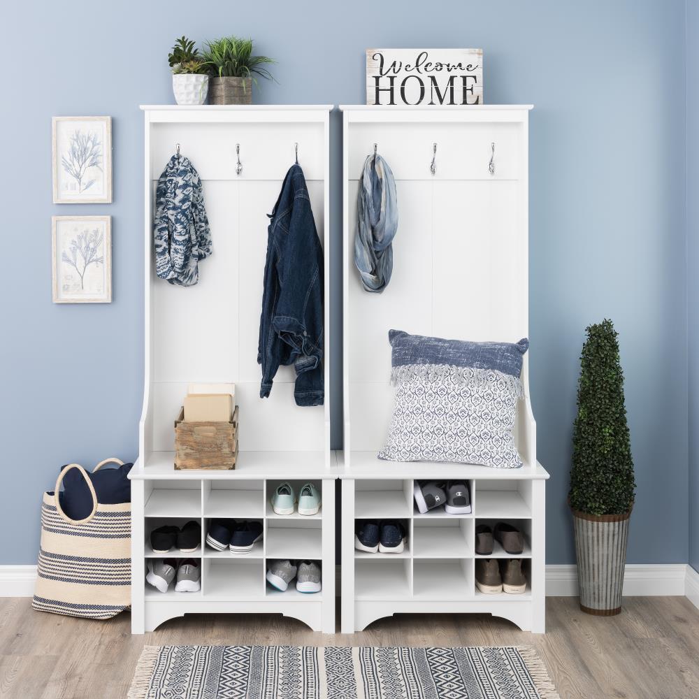 27" Narrow Hall Tree with 9 Shoe Cubbies White - Prepac: Modern Entryway Organizer, Mudroom Storage, Metal Hooks