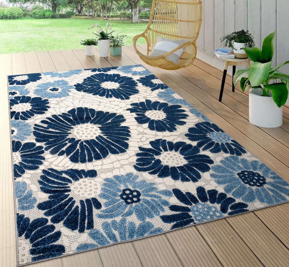 World Rug Gallery Palermo Modern Floral Indoor/Outdoor Area Rug - Navy 5' x 7':  Weather-Resistant,  Low Pile,  Botanical Pattern