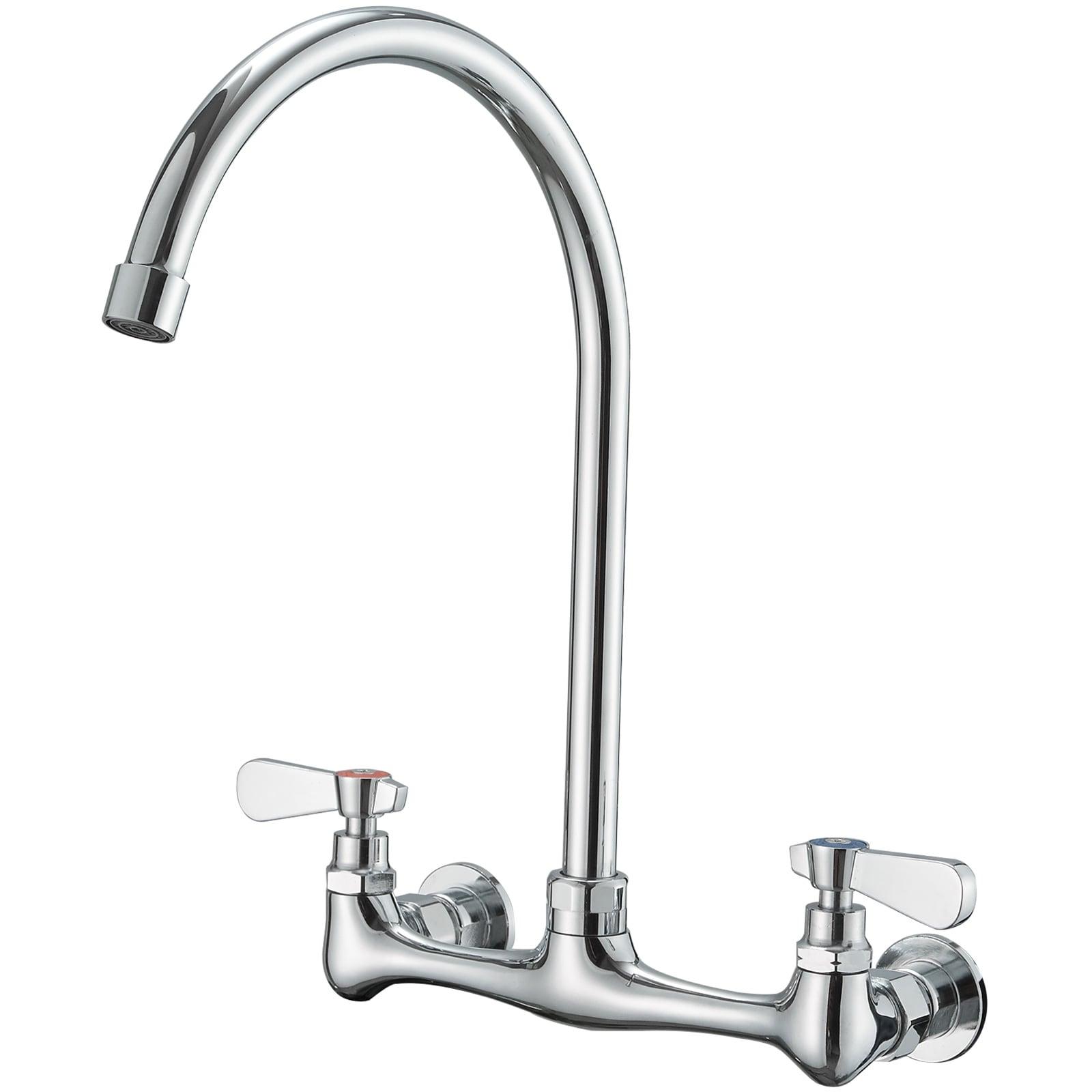 BWE Double Handle Wall Mount Standard Kitchen Faucet with High Arc Swivel Spout 8 in. Widespread