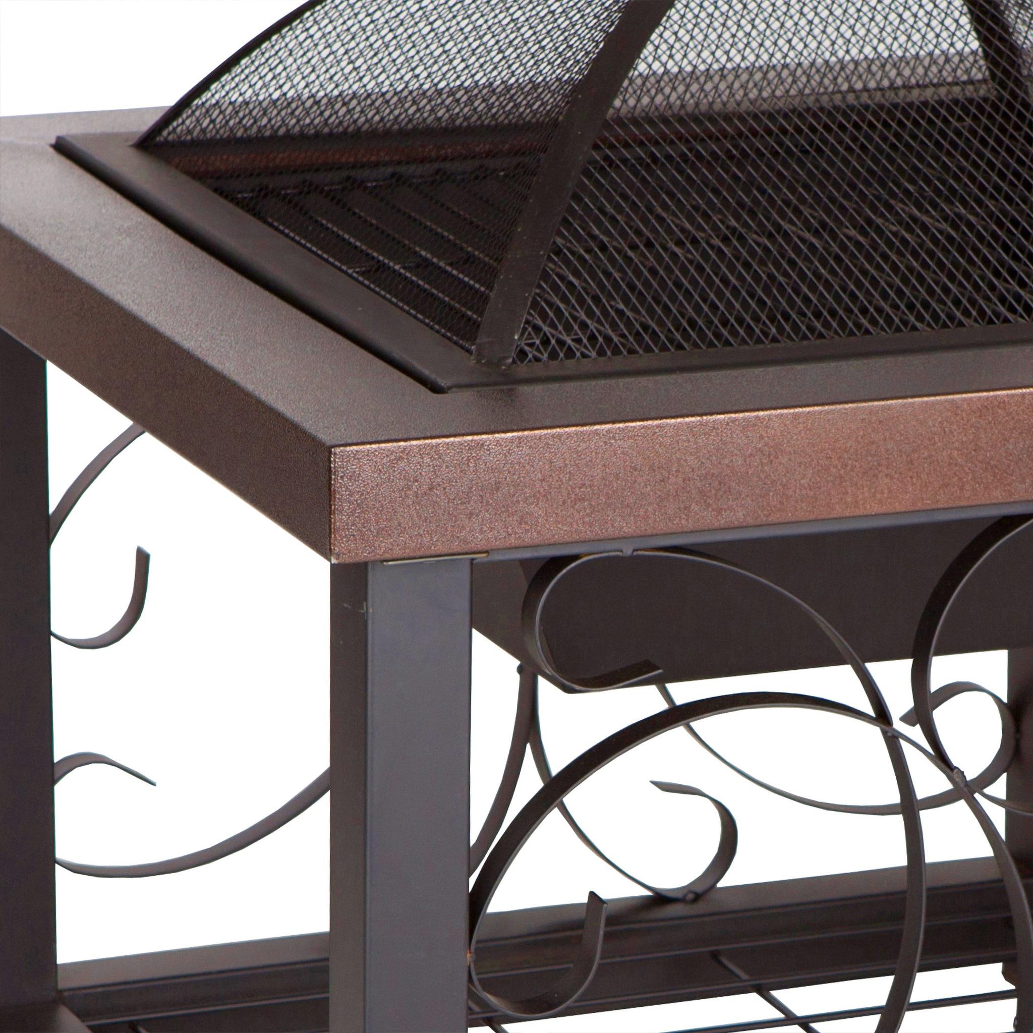 Fire Sense Fire Pit Cocktail Square Table Wood Burning Mesh Spark Screen Wood Grate with Storage Rack – Hammered Bronze Finish