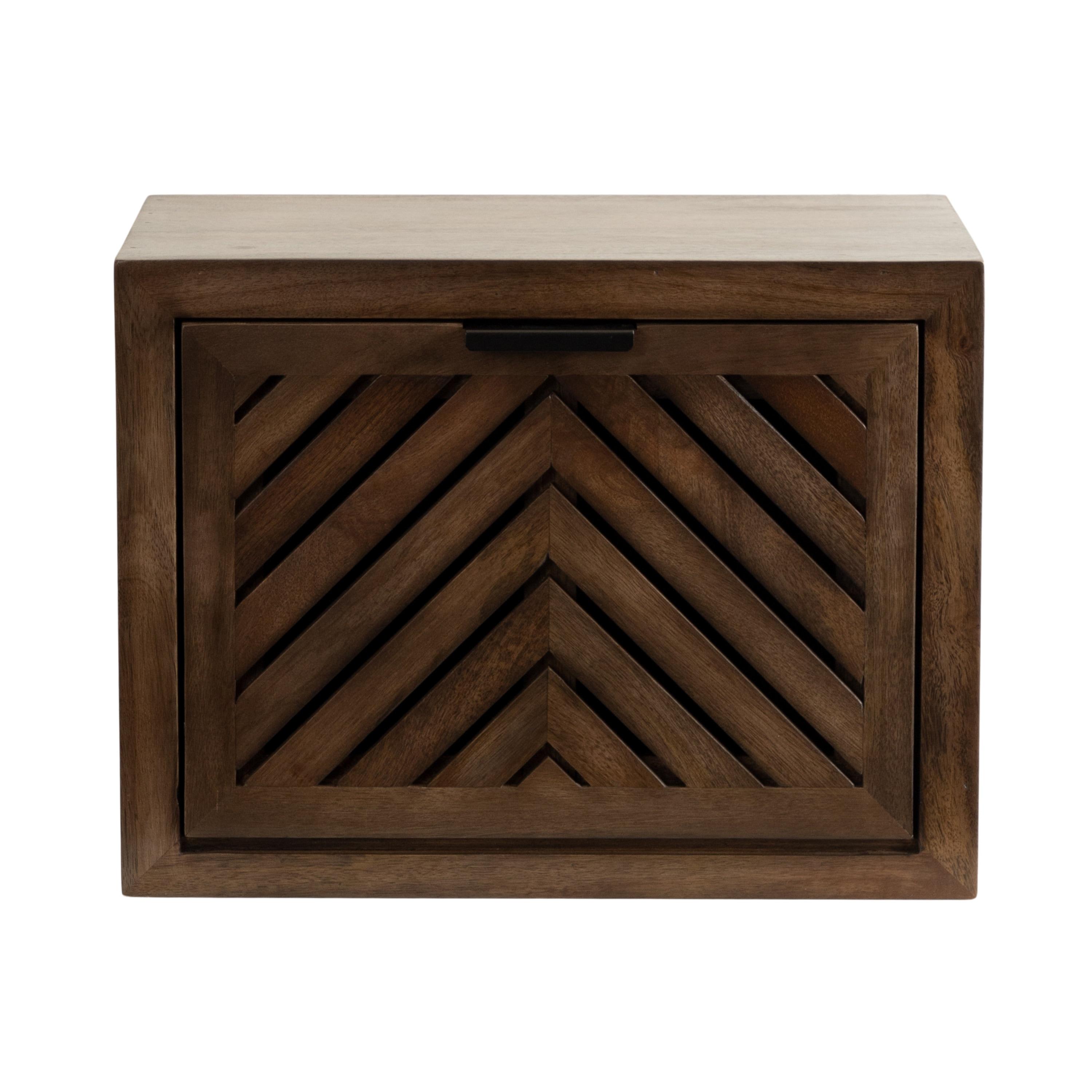 Kate and Laurel Mezzeta Modern Floating Shelf Side Table with Storage Cubby, 16 x 10 x 12, Natural Wood, Decorative Slatted Wood Floating Nightstand with Pull Down Door for Use as Bathroom Storage