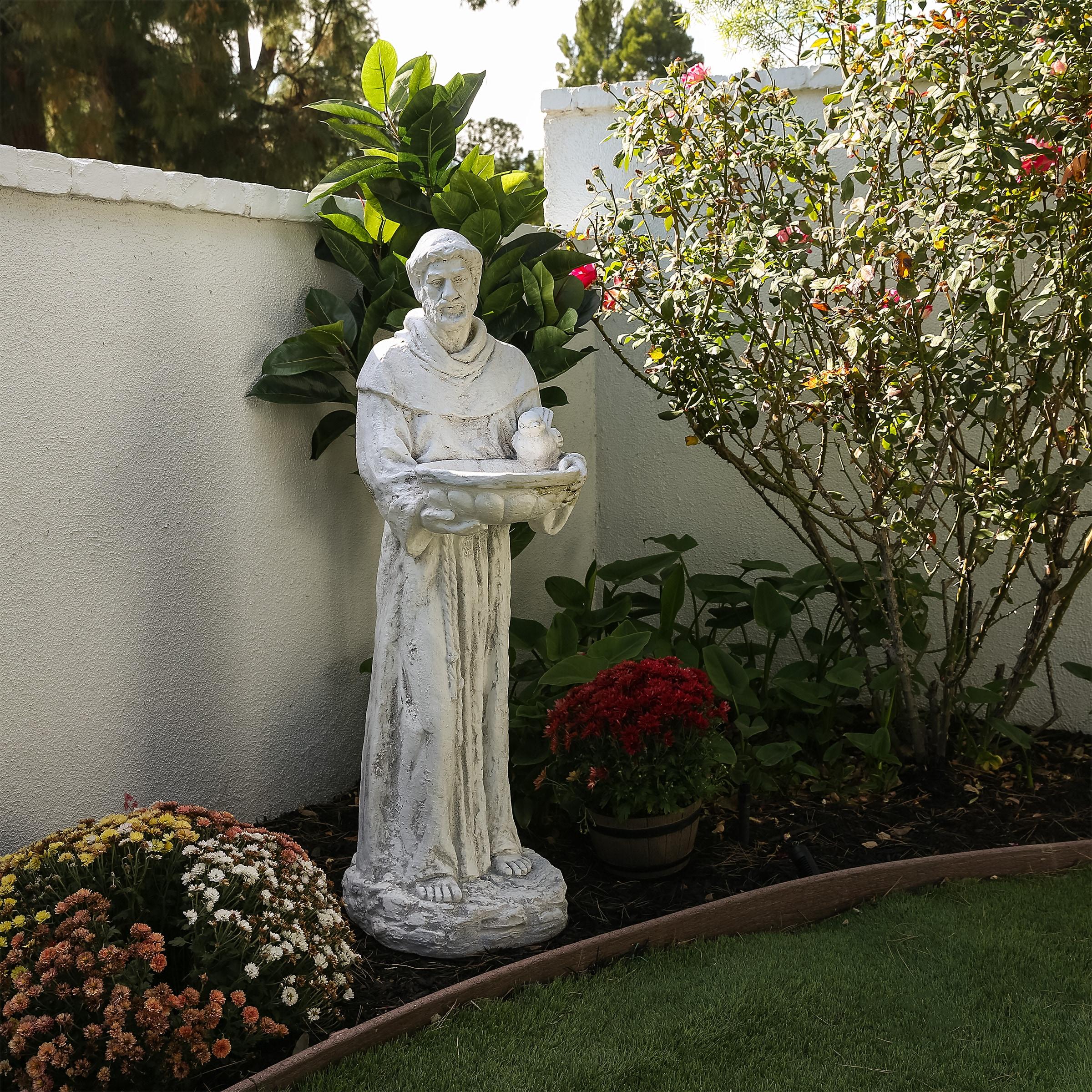 45 in. Tall Outdoor Saint Francis Birdbath Statue Yard Art Decoration, Light Gray