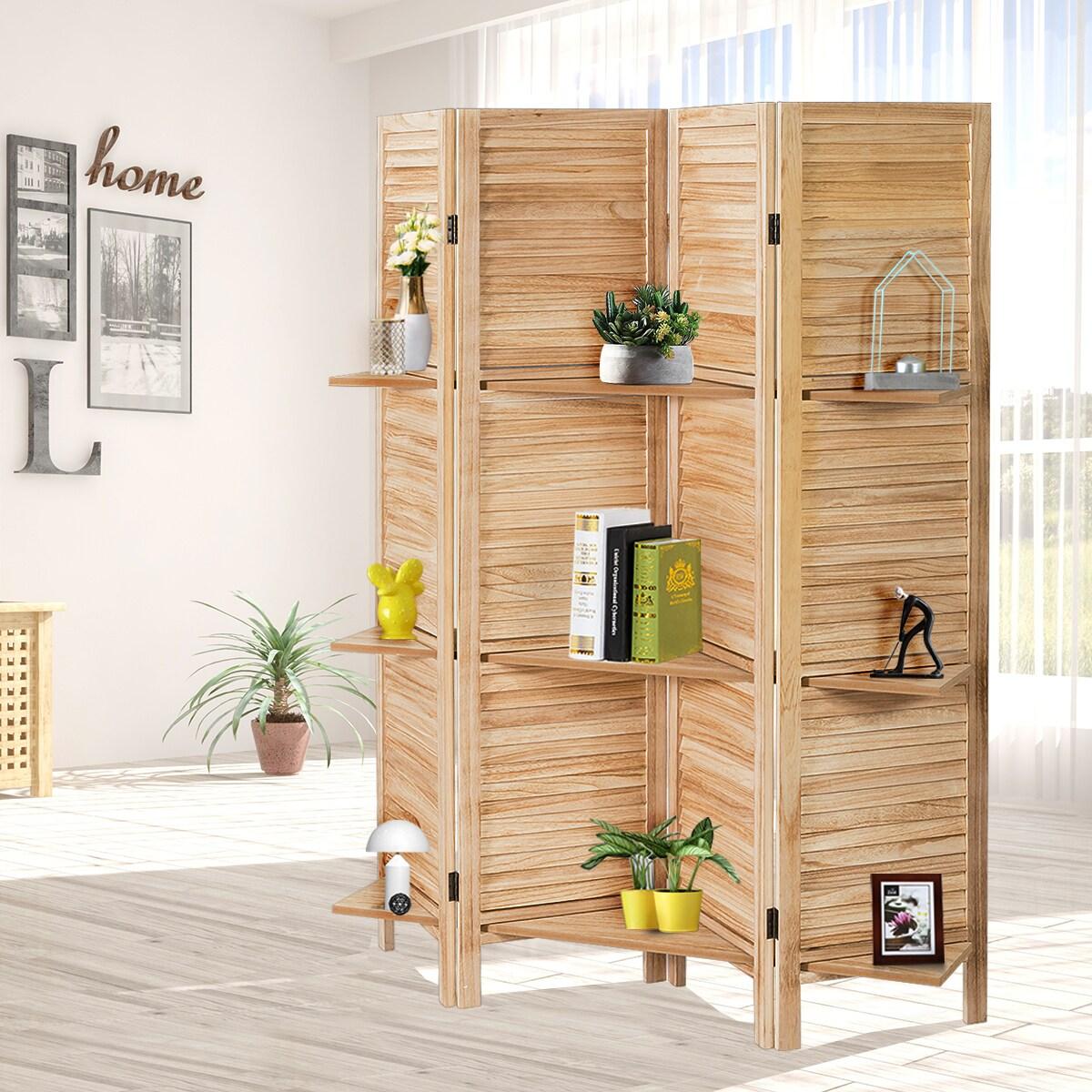 Costway 4 Panel Folding Room Divider Screen W/3 Display Shelves 5.6 Ft Tall Natural